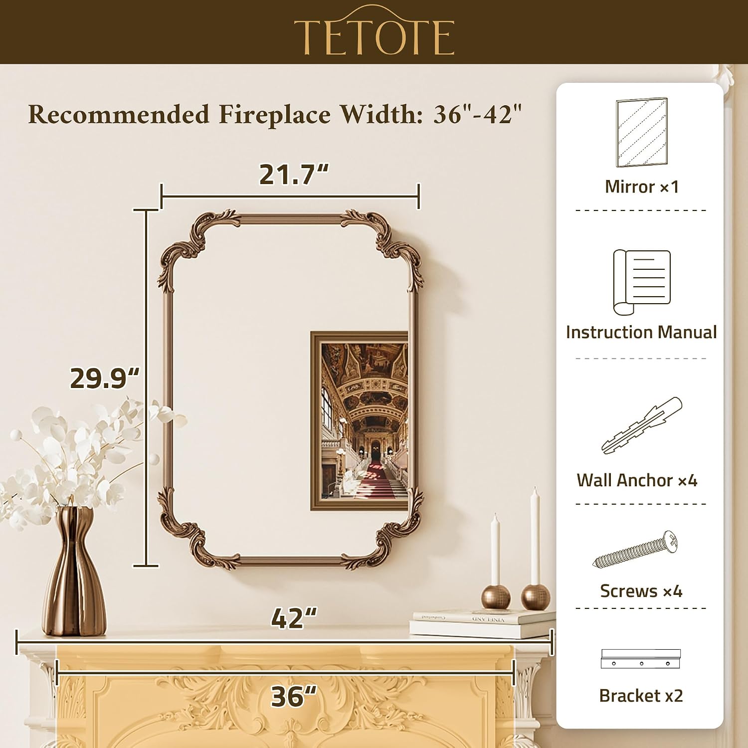 TETOTE Vintage Baroque Gold Rectangle Mirror for Wall 22 x 30 Antique Brass Scroll Frame French Mantle Mirror for Fireplace Bathroom Living Room Bedroom Decor, Horizontal/Vertical