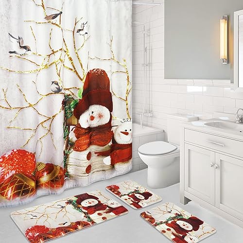Miniatura 1 de ASPMIZ Juego de 4 cortinas de ducha navideñas con alfombras antideslizantes y tapete de baño, cortinas de ducha de muñeco de nieve con 12 ganchos,