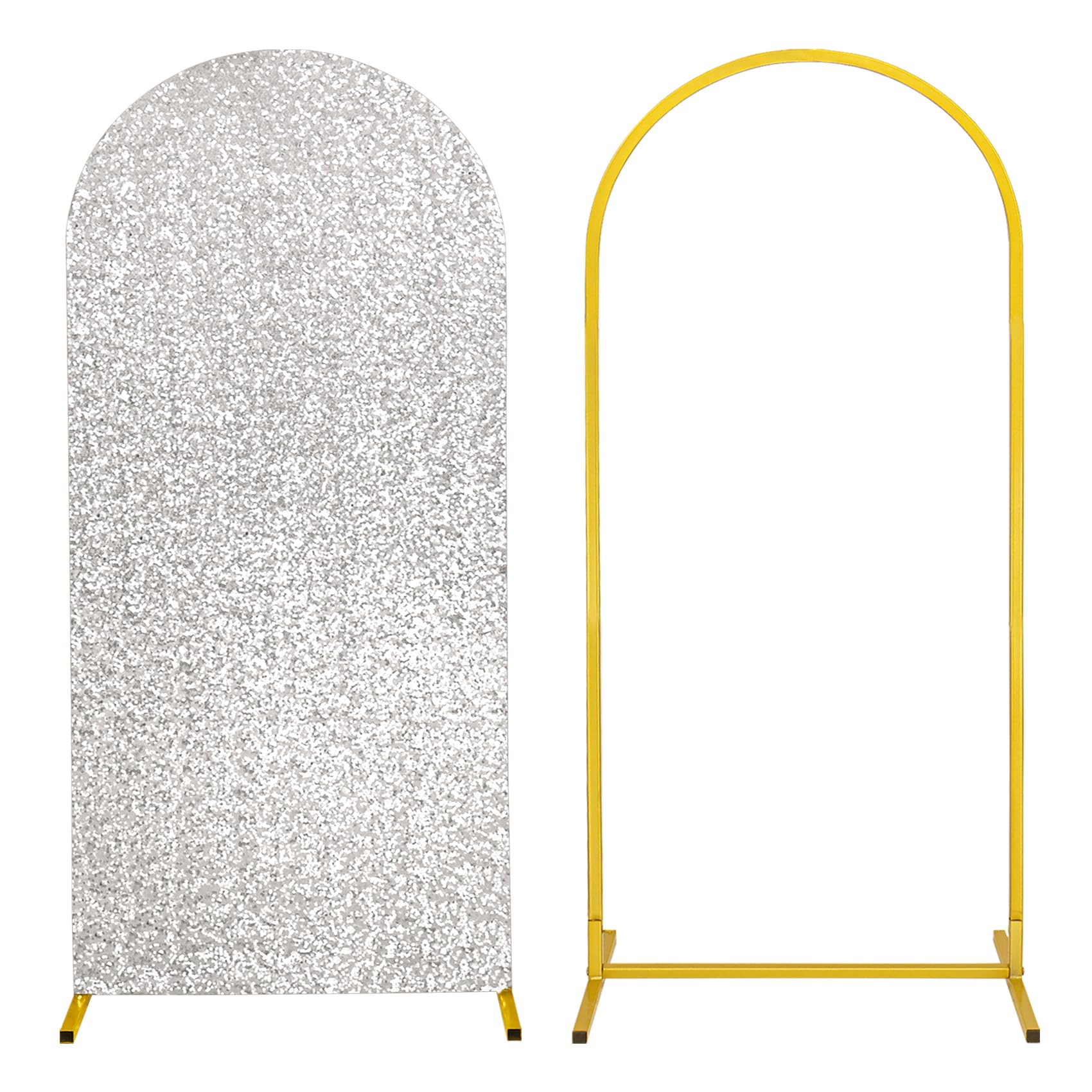 Metal Arch Stand and Cover Set,1 Silver Glitter Spandex Fitted Backdrop Covers with 1 Gold Wedding Arched Stand Frame for Parties Birthday Baby Shower Bridal Banquet Decoration (6FT)