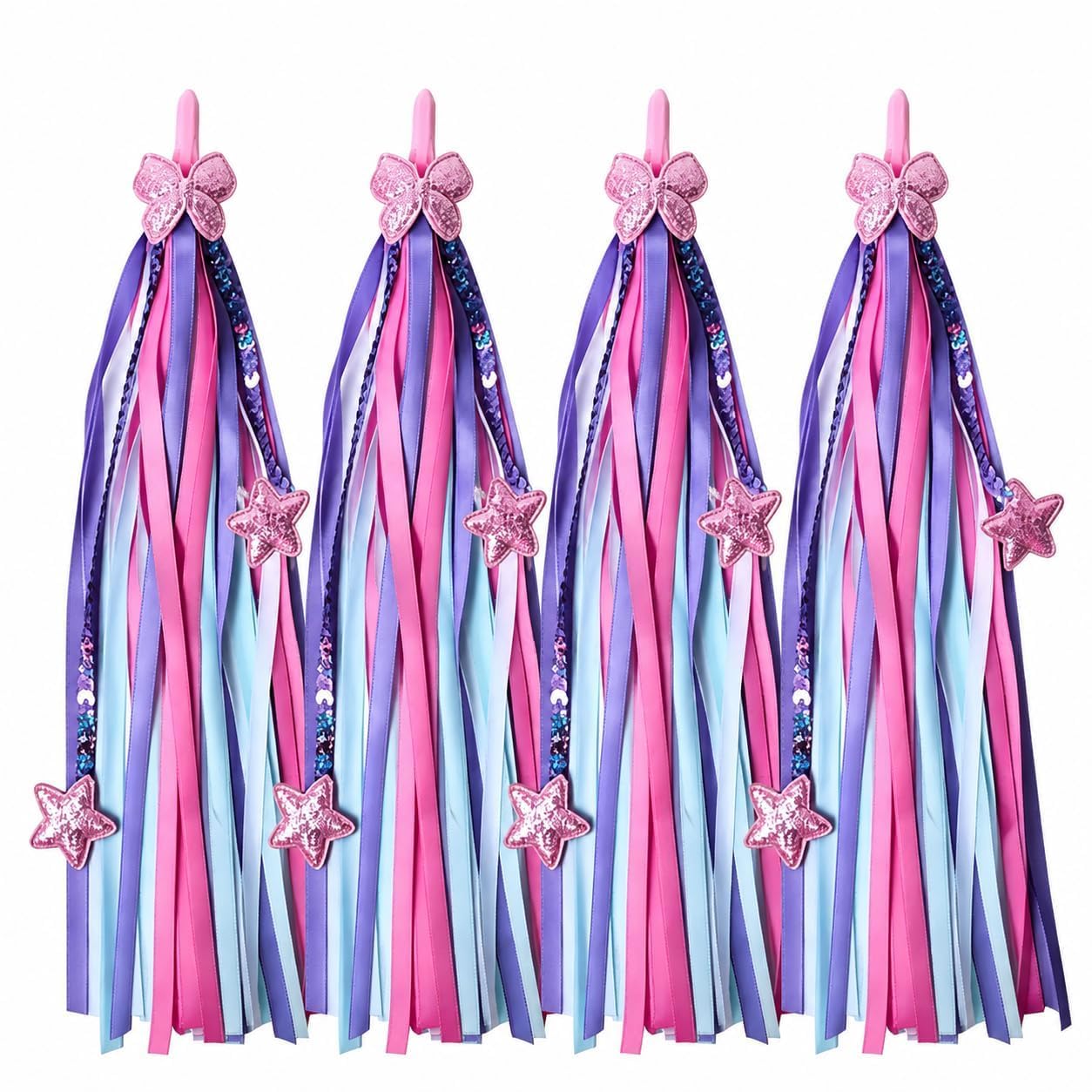 4 Pcs Bike Streamers, 10.8 Inch Colorful Handlebar Tassels for Kids Bicycle Scooter Tricycle, Girls Boys Bike Accessories, Funny Ride Decoration Ribbons (Pink+Purple)