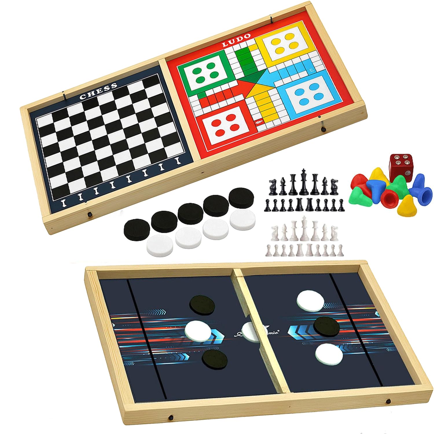 MH Villa 3-in-1 Wooden Board Games Set | Fastest Finger First Sling Puck Game, Ludo, Snake & Ladder | Fun Indoor Game for Kids & Family | Durable Wooden Board Toys - (Pack of - 1)