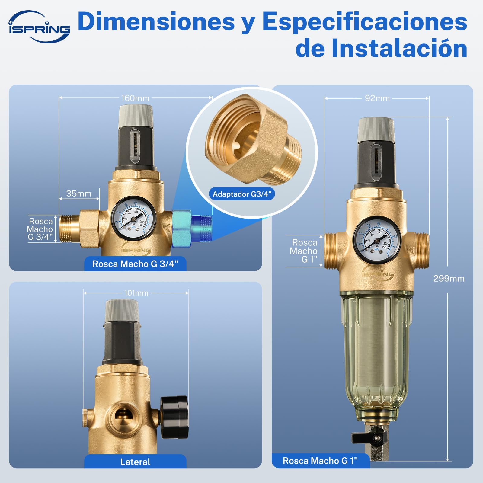 iSpring WSP50PRG Filtro de Sedimentos de 3/4''-1'' con Reductor de Presión, Filtro de Agua Reutilizable para Toda la Casa, Latón sin Plomo, Prefiltro de Filtración de 50 Micras