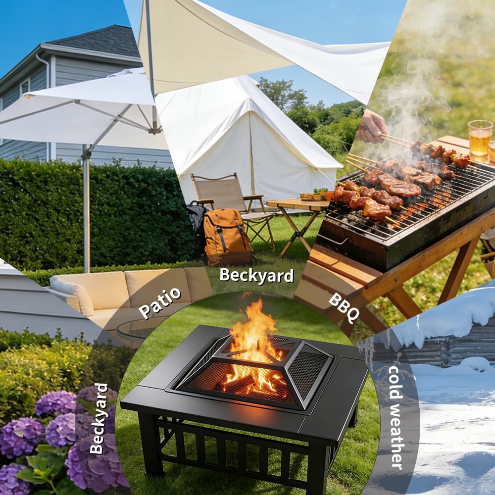 3-in-1 Multifunctional Square Fire Pit Table, 32-Inch Outdoor Metal Fire Pit with Ice Bucket, Black Powder Coated Iron, Charcoal Fueled