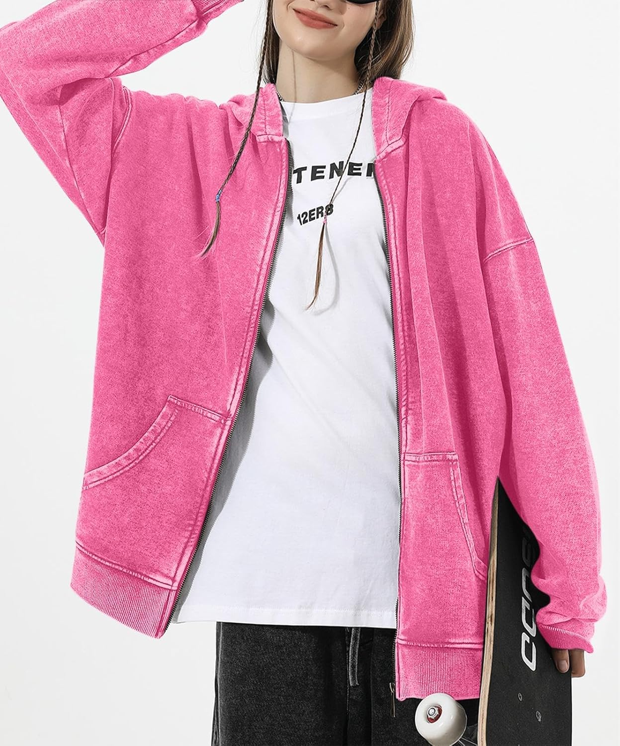 Oversized Vintage Cotton Jacket Acid Wash Grunge Basic Zip Up Hoodie For Women Distressed Baggy Long Sleeve Tops - Image 2