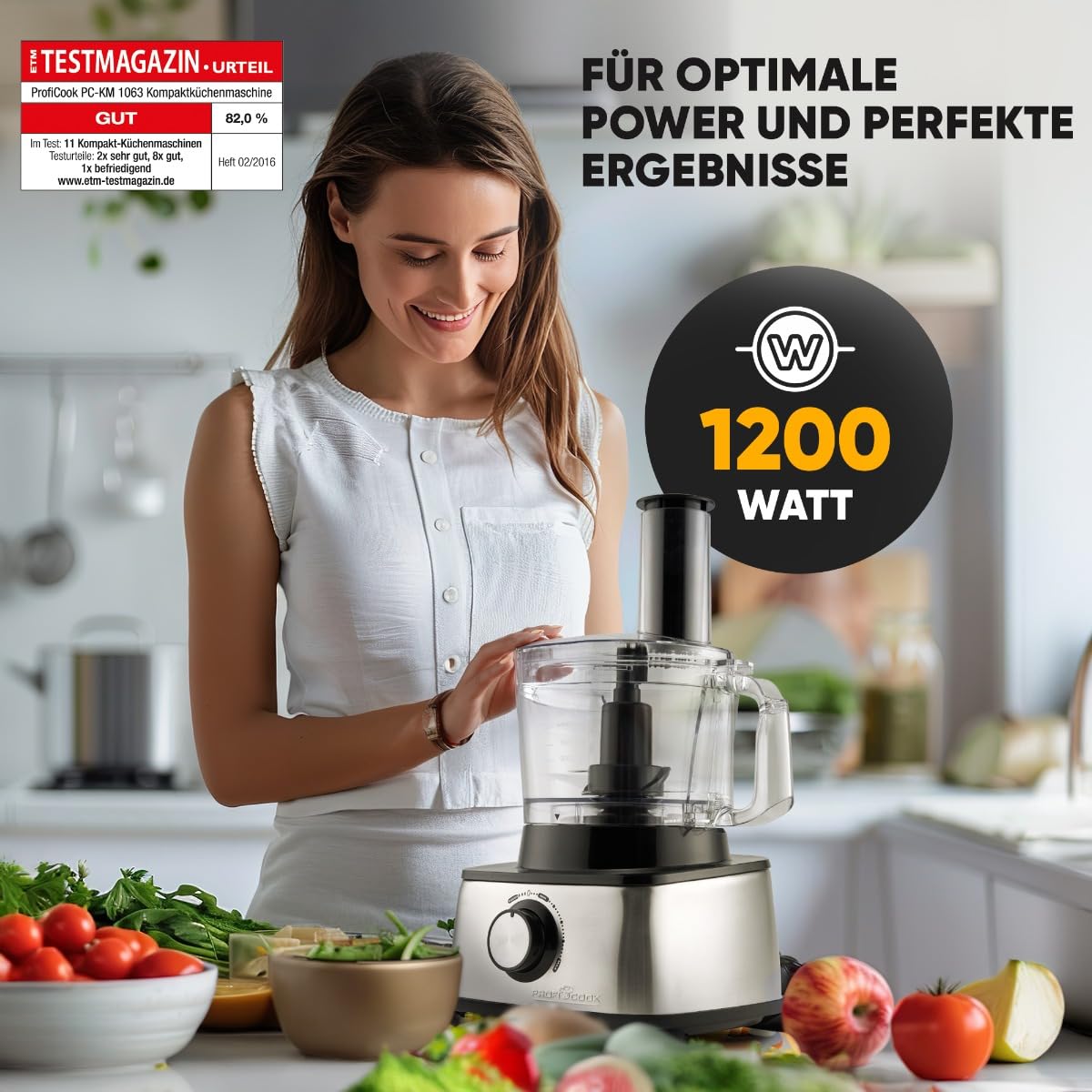 ProfiCook PC-KM 1063 robot de cocina compacto, cortar, amasar, mezclar, accesorio para prensar cítricos, 1,2L, apertura de rellenado, con función turbo incl. 11 accesorios, 1200W
