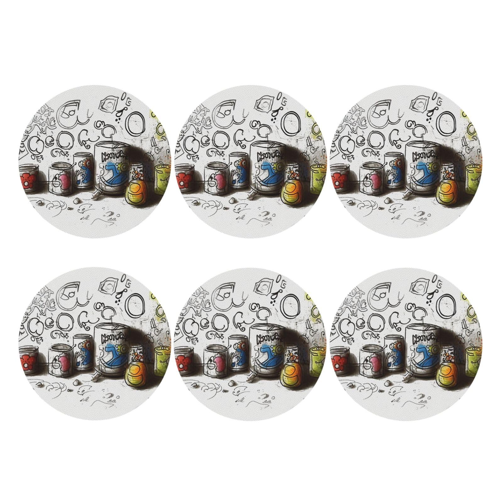 6pcs Leather Coasters for Drinks, Graffiti On Various Objects Drink Coasters for Tabletop Protection, 4" Cup Coasters for Coffee Table Decor, Non-Slip Drinking Cup Mat for Hot Or Cold Drink