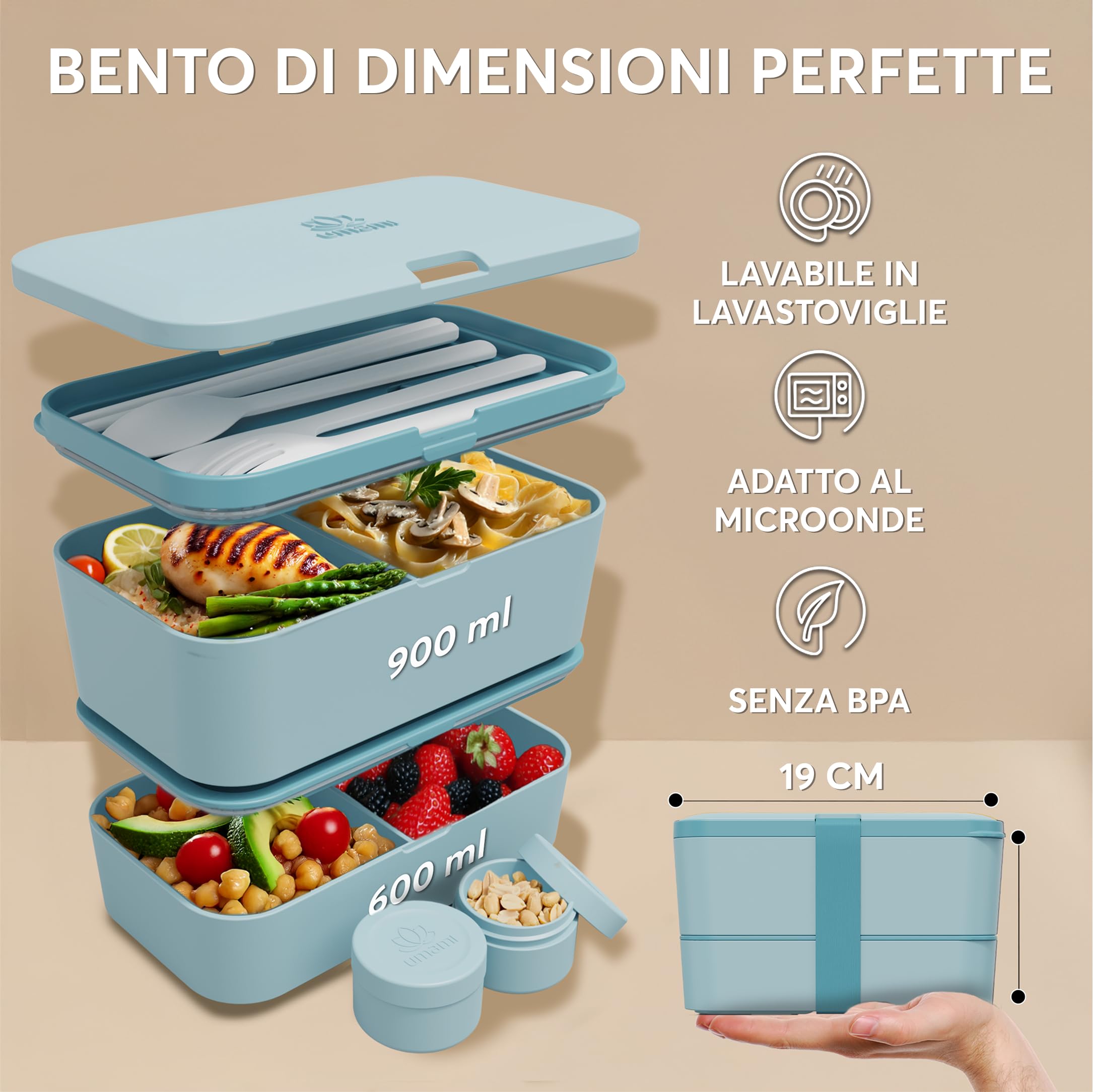 Umami Porta Pranzo Lunch Box Impilabile Con 4 Scomparti E Posate, Sicuro Per Microonde, Lavastoviglie, Portapranzo Ufficio, Bento Lunchbox Ermetico Per Adulti, Schiscetta Pranzo, Menta Blu,1500 ml