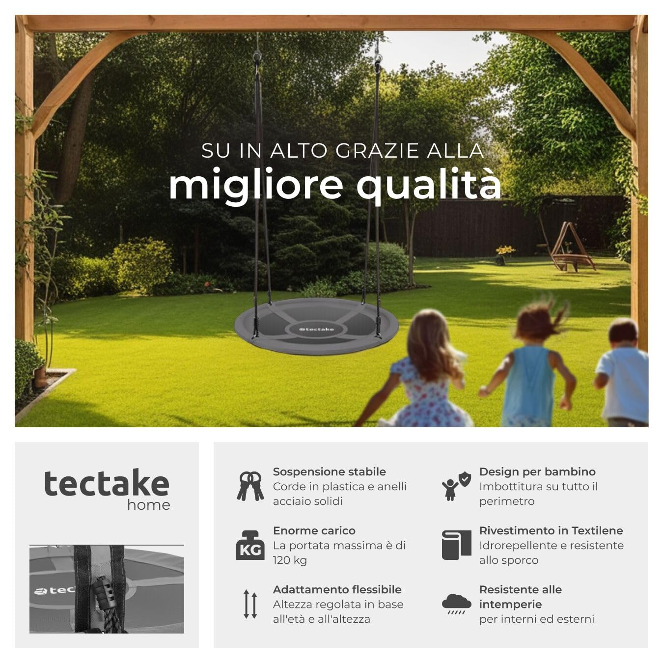 tectake® Altalena a Nido, Altezza Regolabile, Altalena Dondolo da Giardino per Bambini e per Adulti, Giochi da Giardino, Portata 120 kg - Ø 120 cm