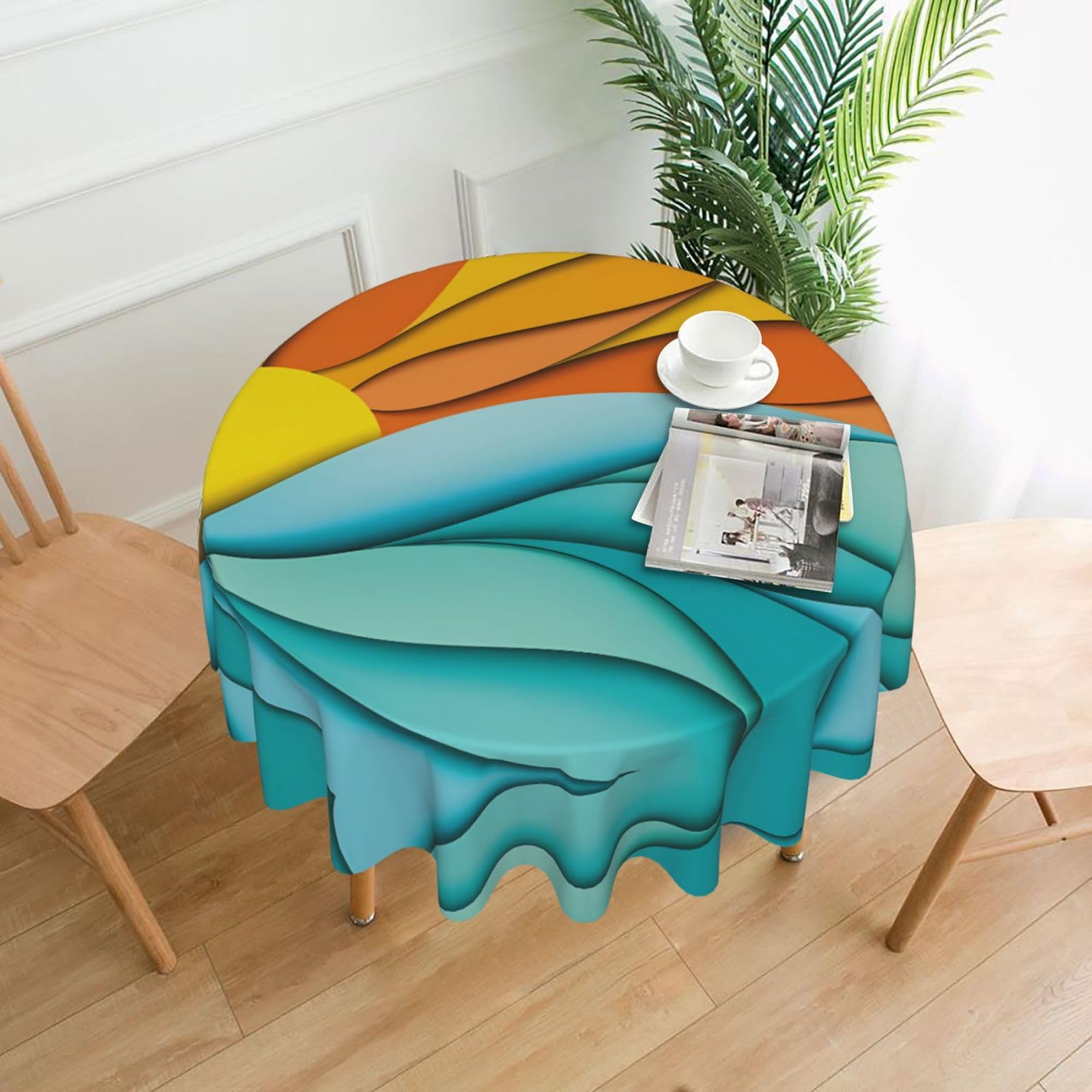 WHJSSF Sunset and Sunrise with Ocean Sea Waves Prints Round Decorative Tablecloth 60in - Elevate Your Dining Experience with a Stylish & Protective Table Throw