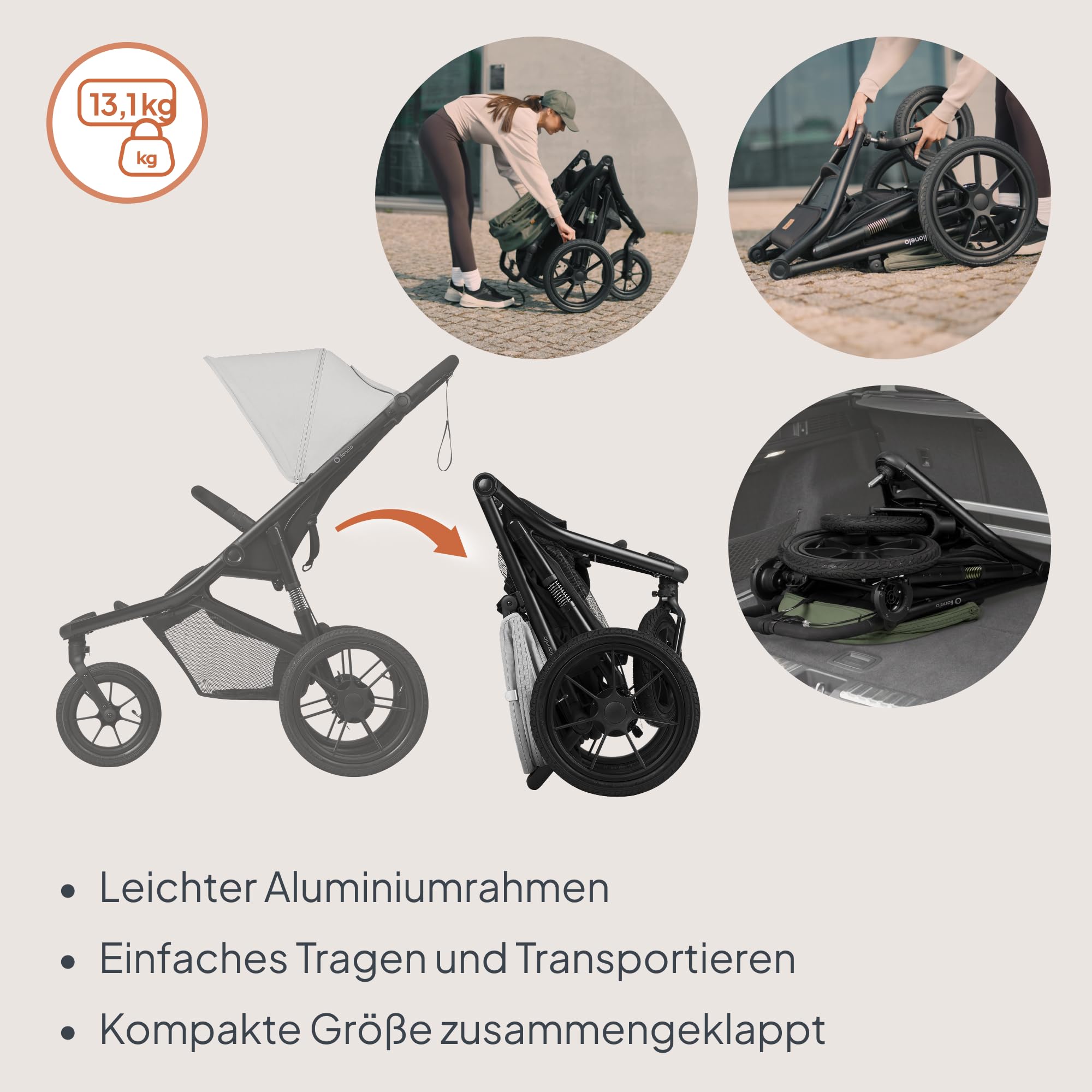 Lionelo Azura Kinderbuggy mit Luftreifen – hohe Federung, stufenlos verstellbare Liegeposition, XXL-Verdeck UPF50+, 5-Punkt-Magnetgurte, kompakt faltbar, inkl. Regenfolie – ab 6 Monaten bis 22 kg