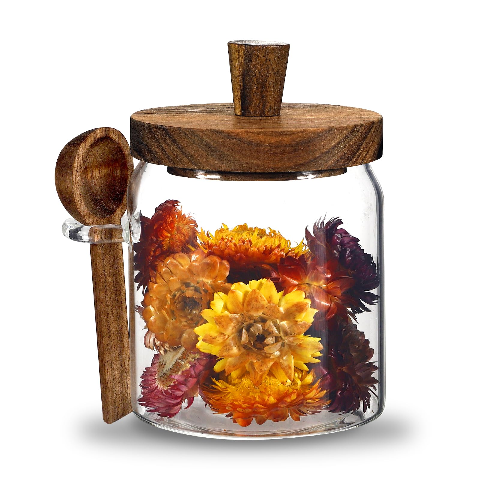 Photo 1 of 13oz Small Glass Food Storage Jar with Wood Lids Spoon Coffee Ground Canister Containers for Coffee Beans Bar Sugar Candy Spice Rice Tea (400ml/13.5oz-1 Pcs-with spoon)