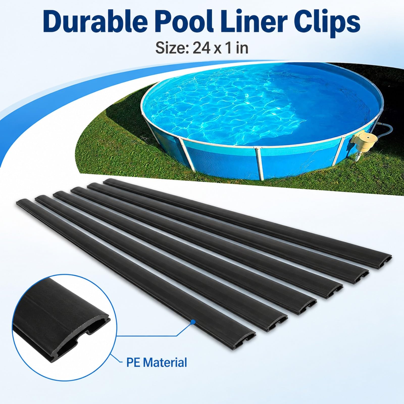 Tiras de Sujeción para Liner de Piscina, Clips de Repuesto 33 Piezas, 61cm Largo, PE Resistente - Fáciles de Usar, Protección Antirrayado, Ideal para Piscinas Redondas y Ovaladas (B)