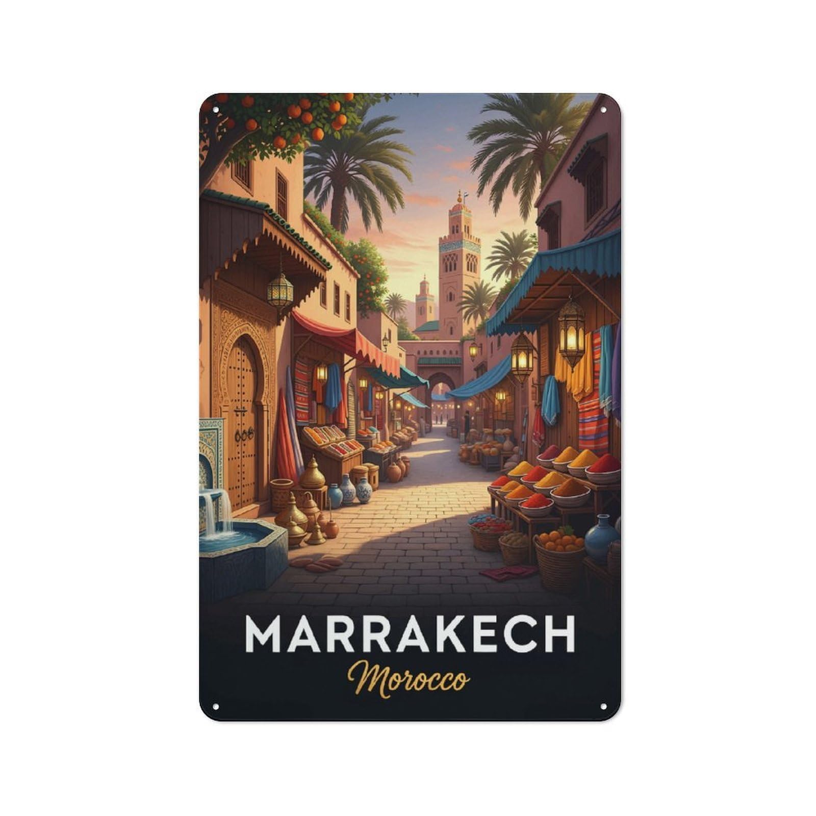 Junmoney Style-8 For Studio Or Craft Room, Marrakech Morocco Street Scene Rustic Tin Wall Plaque 30X20cm, For Vintage Wall Decor Fans, For Metal Sign Collectors