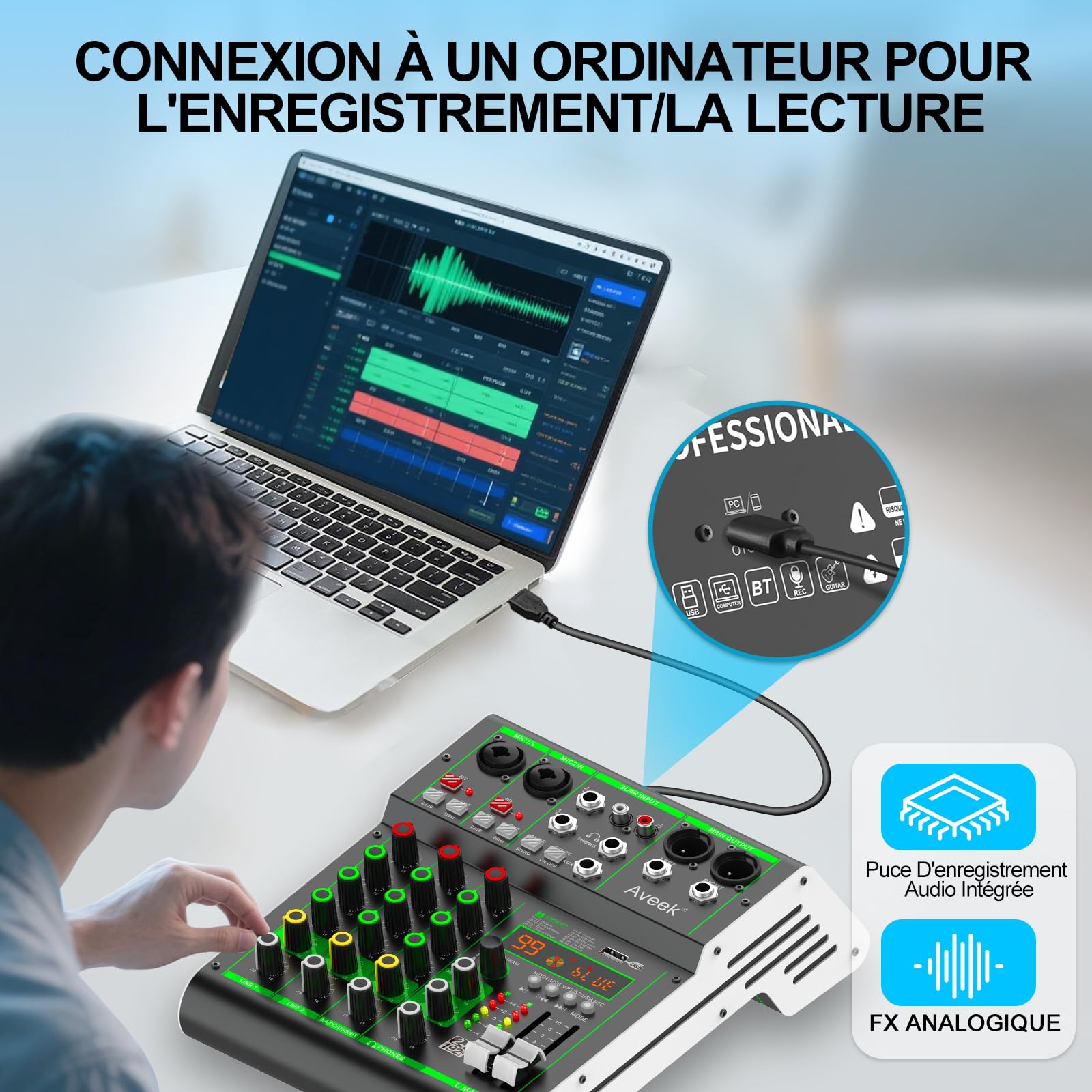 Aveek Audio Mixer,Table de Mixage Professionnelle avec USB/Bluetooth,4 Canaux D'entrée Stéréo DJ Mixer,48V Phantom Power 99 DSP Effect pour Pc Recording Studio Streaming