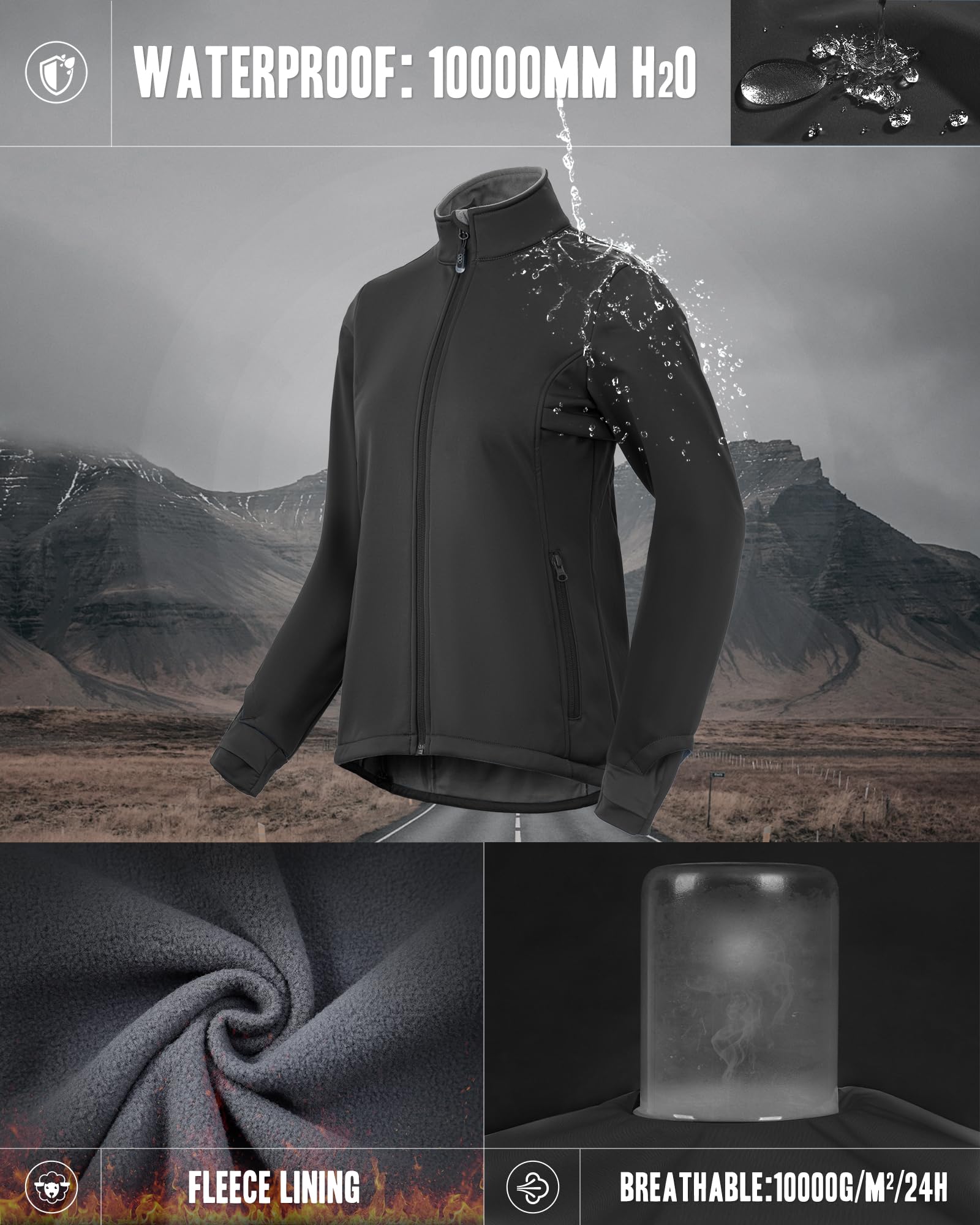33,000ft Veste de cyclisme pour femme - Veste softshell imperméable - Coupe-vent - Veste fonctionnelle doublée en polaire - Veste de transition réfléchissante - Pour l'hiver - Pour le cyclisme, la