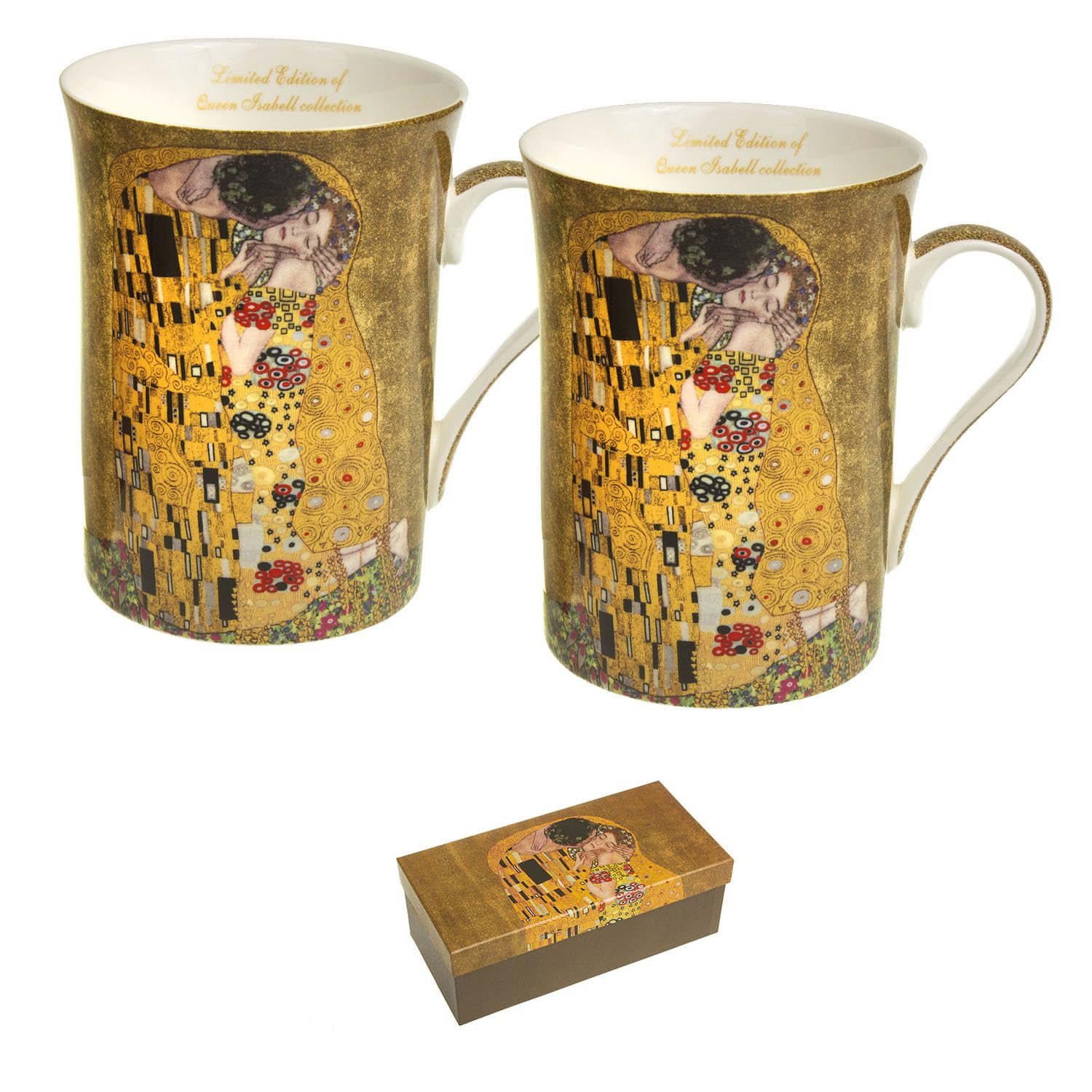 Queen Isabell Lot de 2 tasses à café en porcelaine avec cuillère Motif baiser de klimt 250 ml