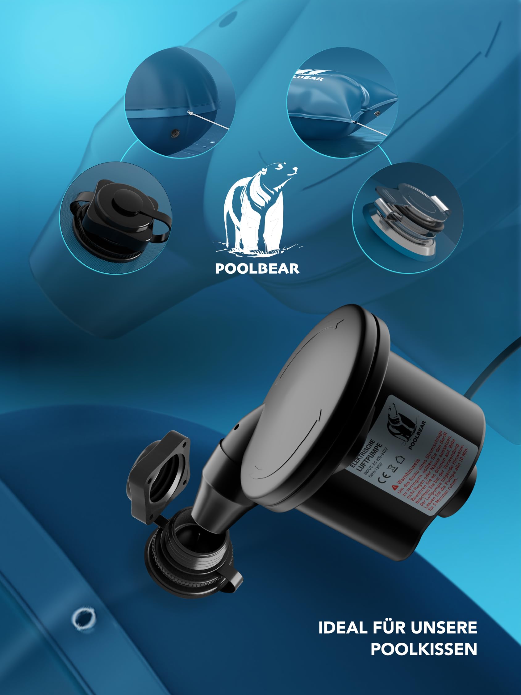 PoolBear Elektryczna Pompka Powietrza 2 w 1 12 V Do Basenu, Materaca, Pontonu i Materacy Basenowych z 3 Końcówkami