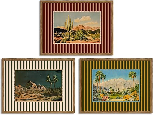 Juego de 3 pinturas enmarcadas de paisaje de la naturaleza occidental vintage, arte para pared, postales a rayas, cuadros de cactus del desierto del