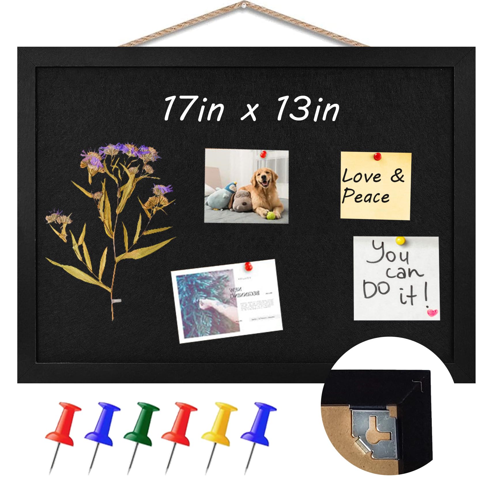 Black Cork Board Bulletin Pin Display for Wall Corkboard Pushpin Vision Picture Board Photo Felt for Memos, Photos, Home, Kitchen, Office,17"x13"