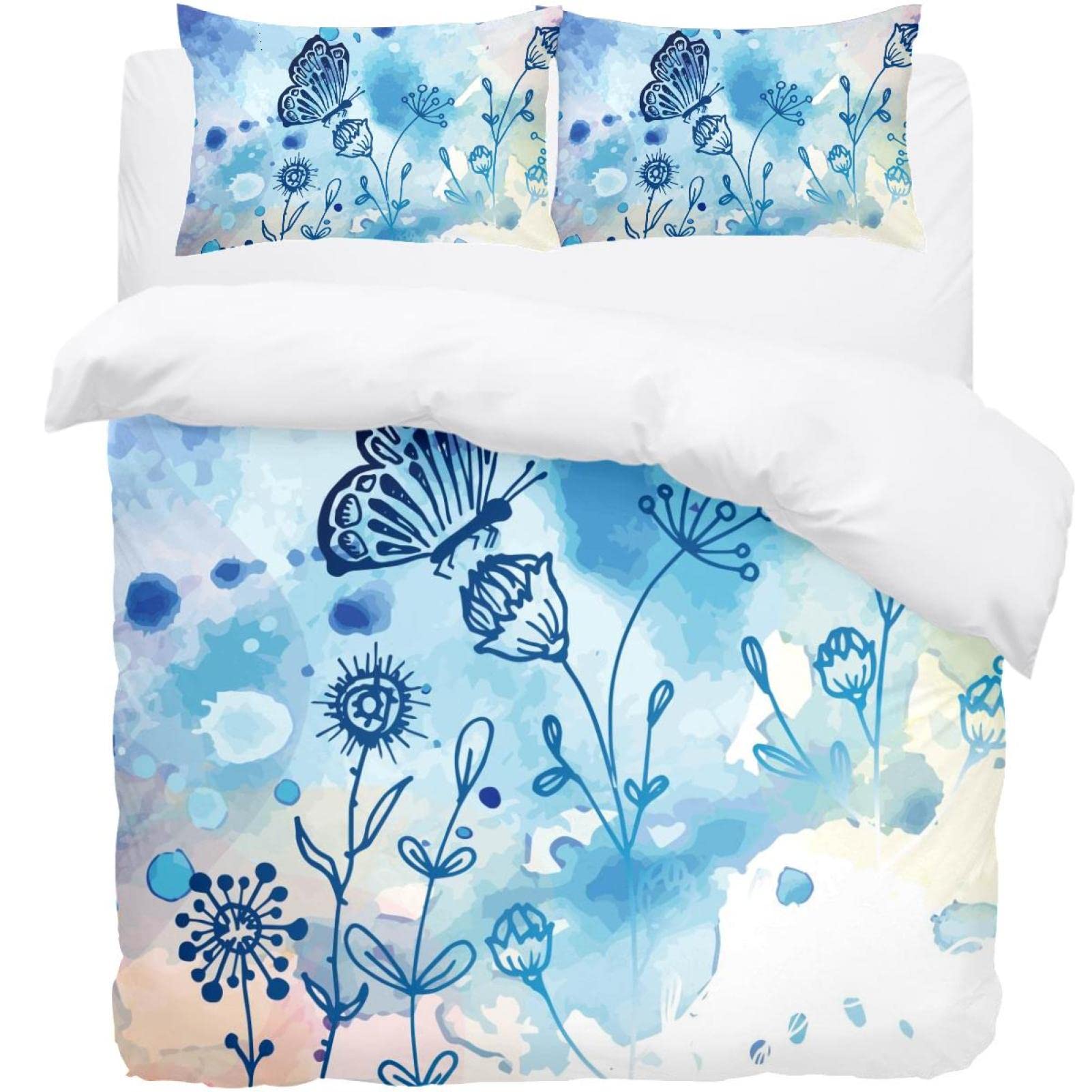 Parure de couette bleu motif fleurs et papillons 3 pièces avec taies d'oreiller