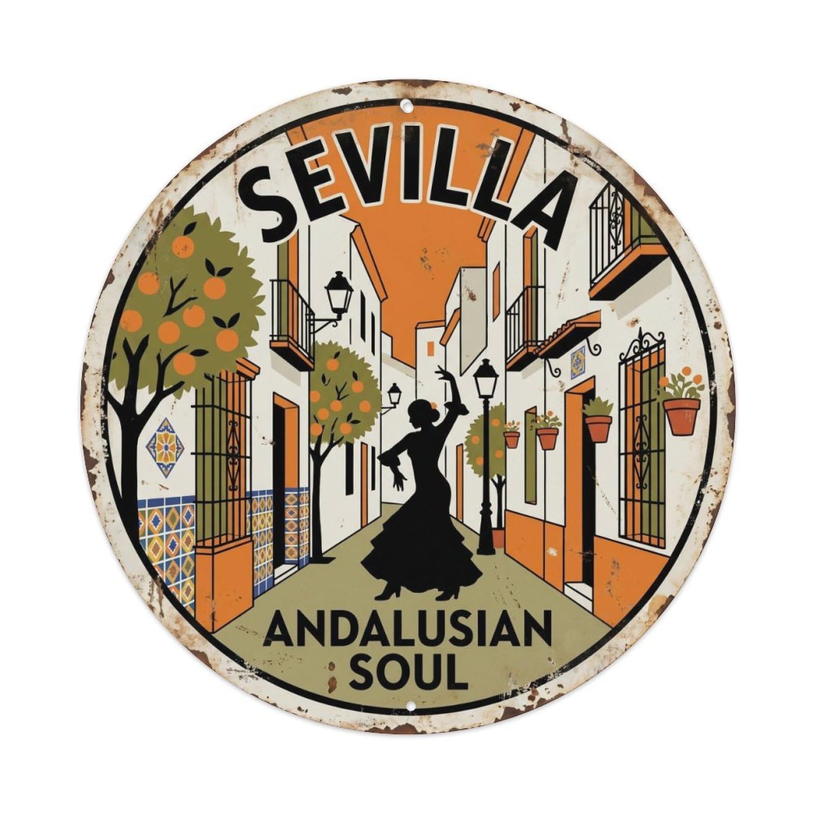 Vintage Travel Seville Whitewashed Spain Metal Tin Sign Plaque Wall Decor for Cafe, Club, Garden Round Metal Poster 8x8Inch