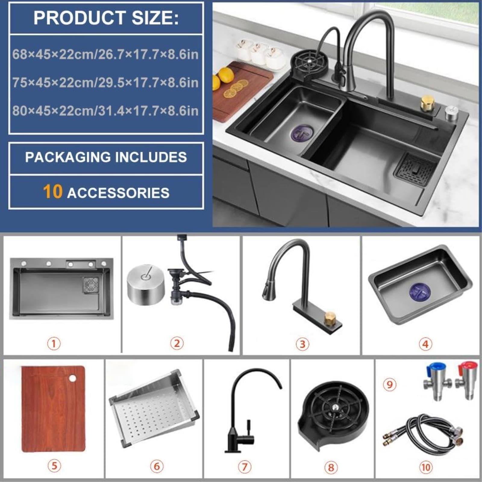 Fregadero Multifuncional De Acero Inoxidable, Cocina, Incluye Tabla De Cortar, Cesto De Drenaje Y Kit De Instalación Completo (A 68x45x22cm)