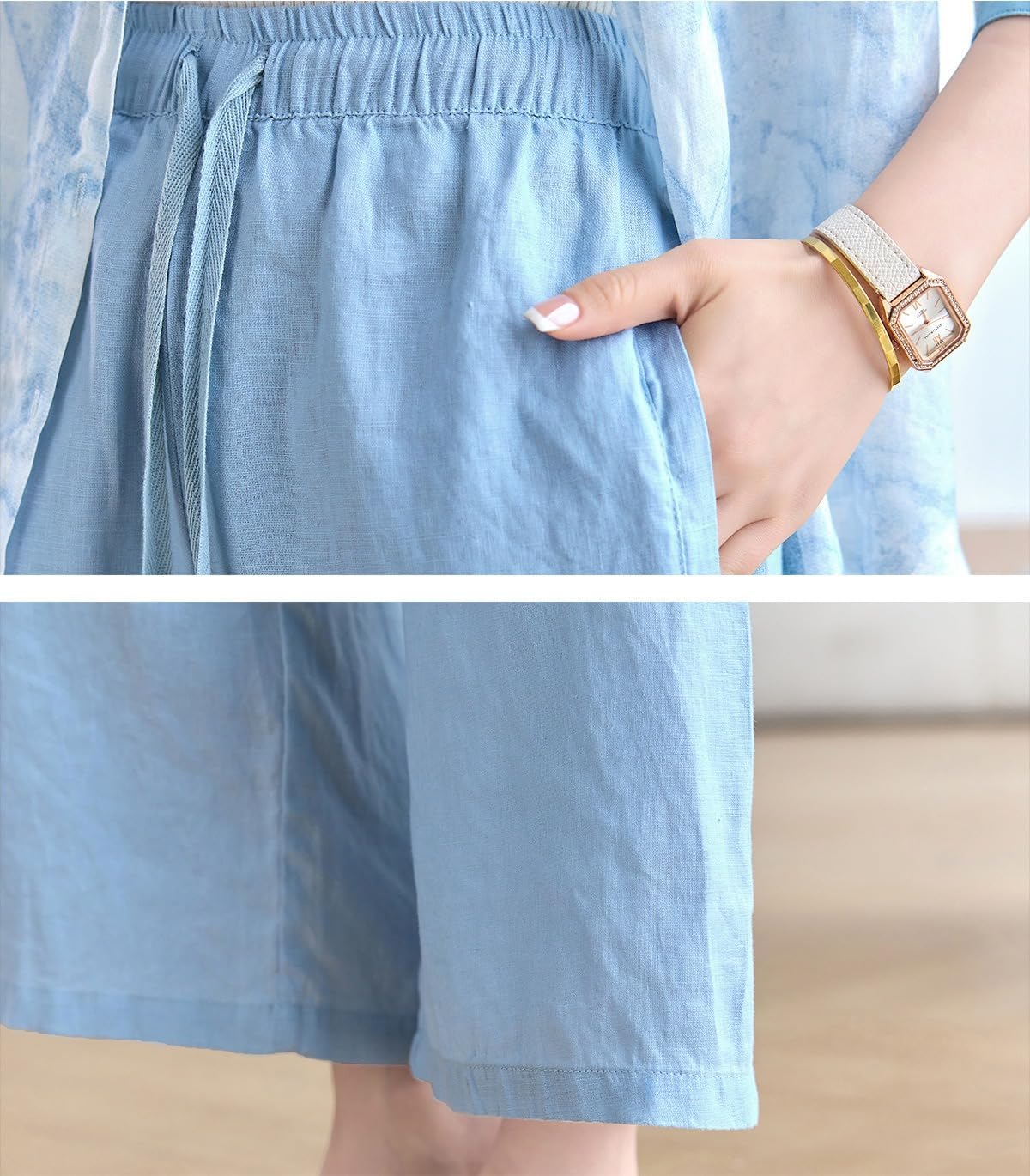 Women Summer Linen Two Piece Set Shirt Wide Leg Pants Casual Vacation Outfit