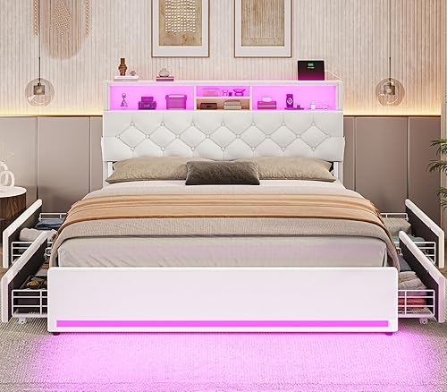 Miniatura 8 de BTHFST Base de cama Queen con 4 cajones y cabecera de almacenamiento, marco de cama LED tamaño Queen con estación de carga, cama tapizada de