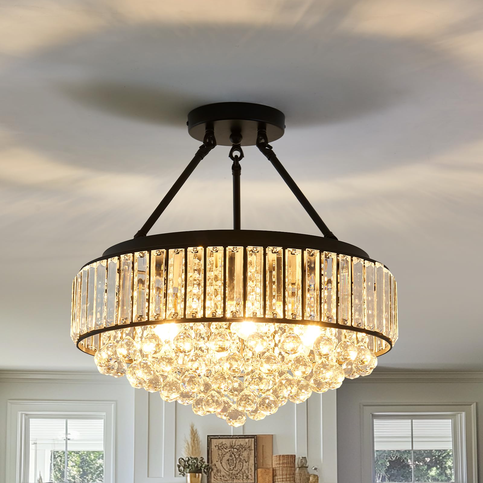 EOPSPYI 6-Lights Modern Crystal Chandelier Black Metal Semi Flush Mount Ceiling Light Fitting Round Ceiling Light for Dining Room Living Room Bedroom Bathroom Kitchen — image 1