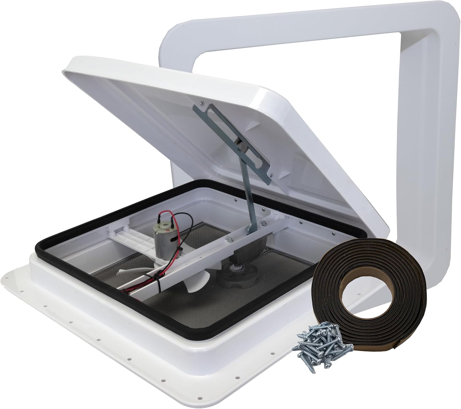 classAcustoms 81112-1GPS | 14" RV Roof Vent | 1" Garnish Ring | 12 Volt Powered Fan | White Lid | Manual Crank | for RV's | Cargo Trailer | Camper and Motorhome (1" Garnish Ring Butyl & Screws)