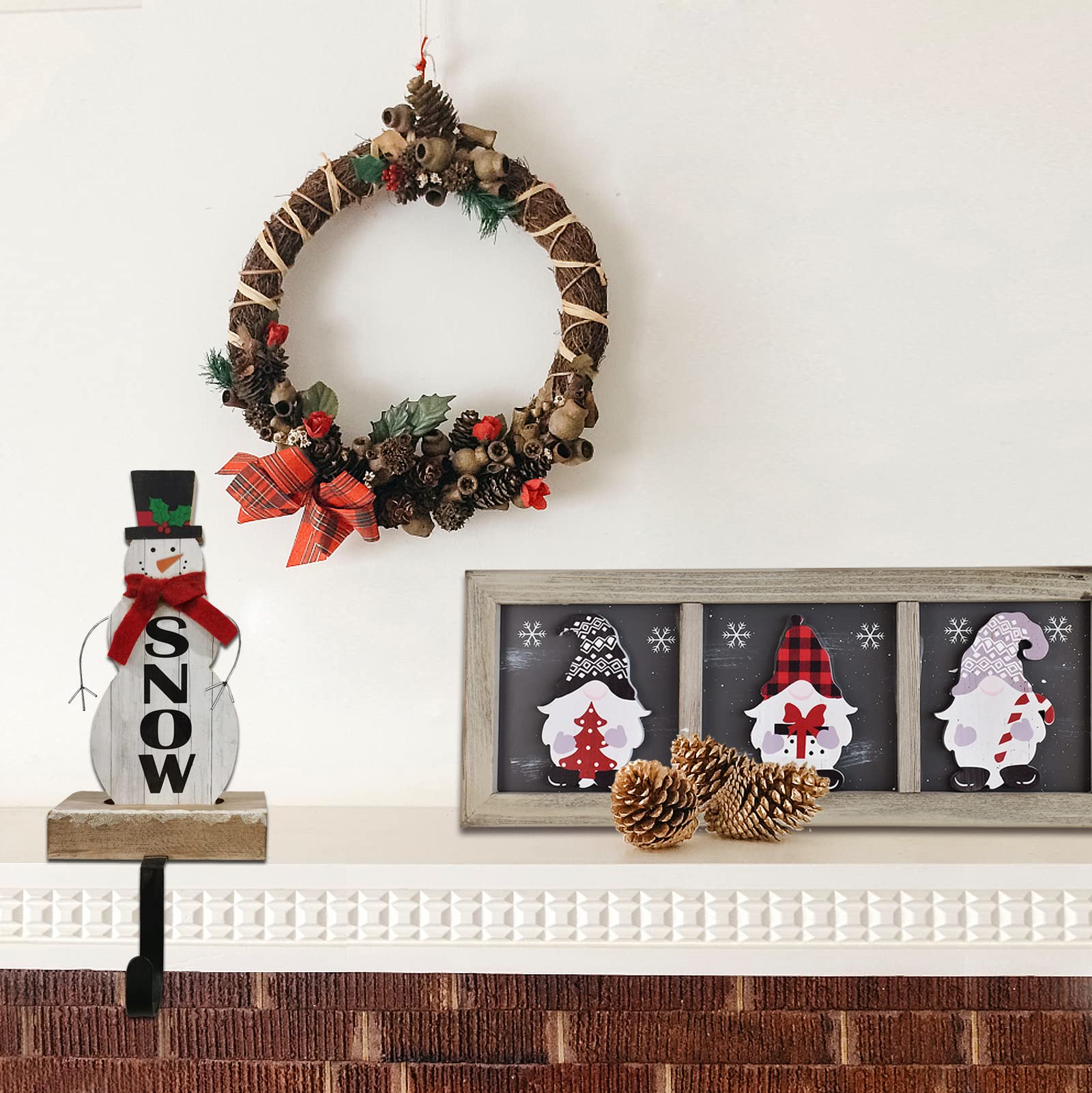 Decoración de muñeco de nieve Soporte de calcetín de Navidad decorativo de madera Letrero de Navidad Figurita de muñecos de nieve Adornos de invierno Percha para Mantel Chimenea Decoración de mesa