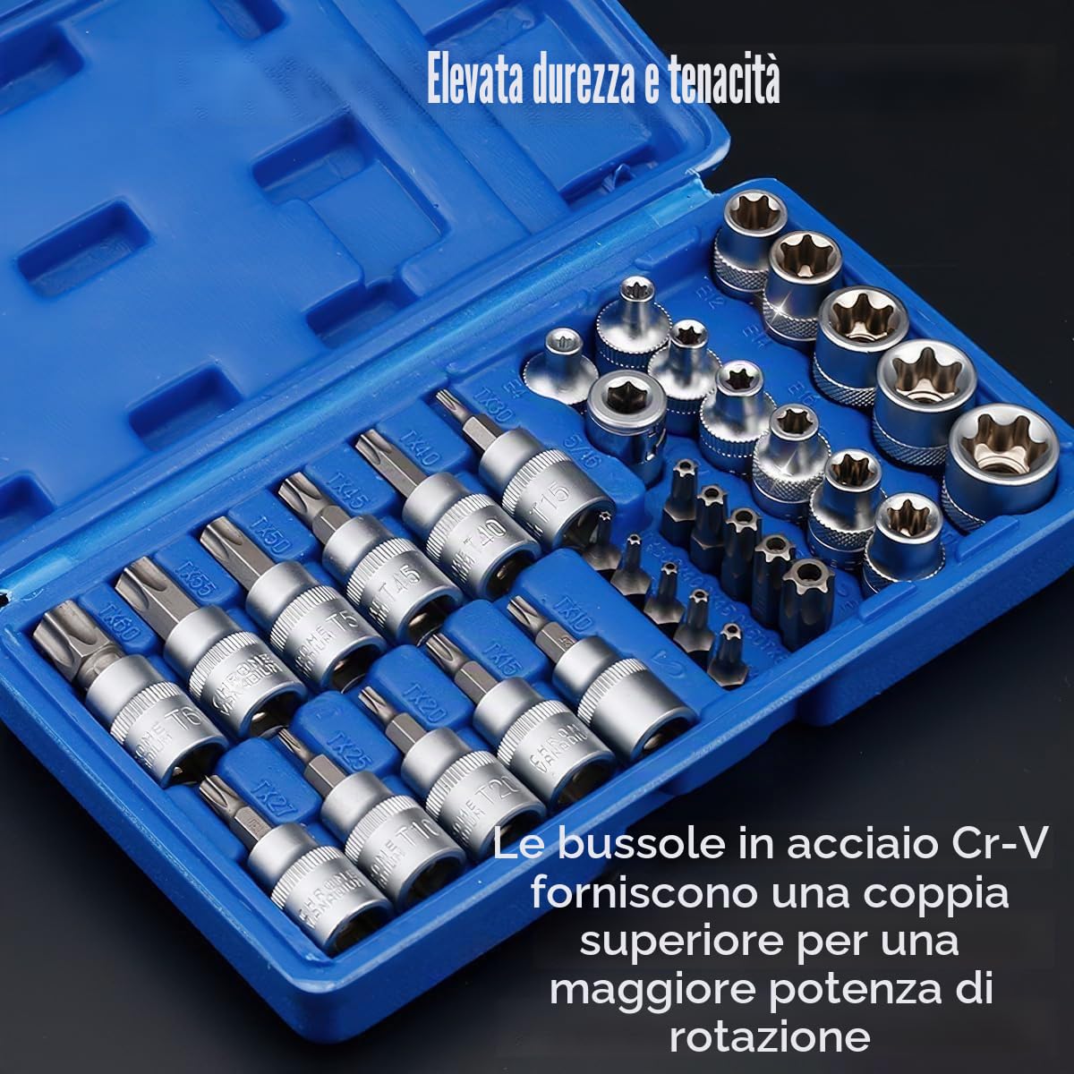 Set da 34 Pezzi di Bussole Torx Femmina Robuste, Set Chiavi a Bussola con Cricchetto, Inserti Torx, per Chiavi Femmina Multifunzionali