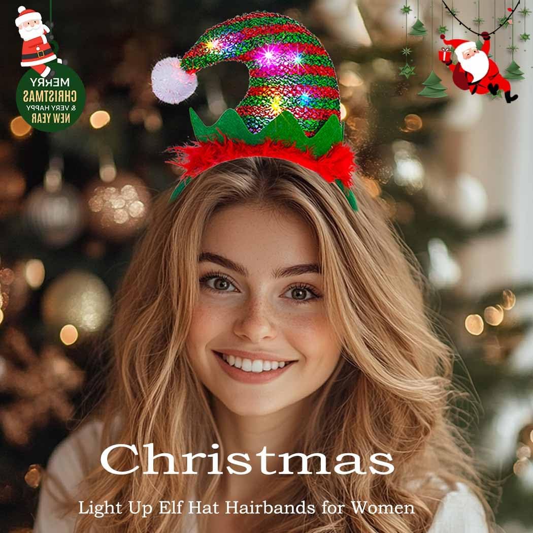 Christmas Headband Light Up Elf Hat Hairbands Santa Hat Headpieces Glitter Festival Hair Accessories for Women - Image 6