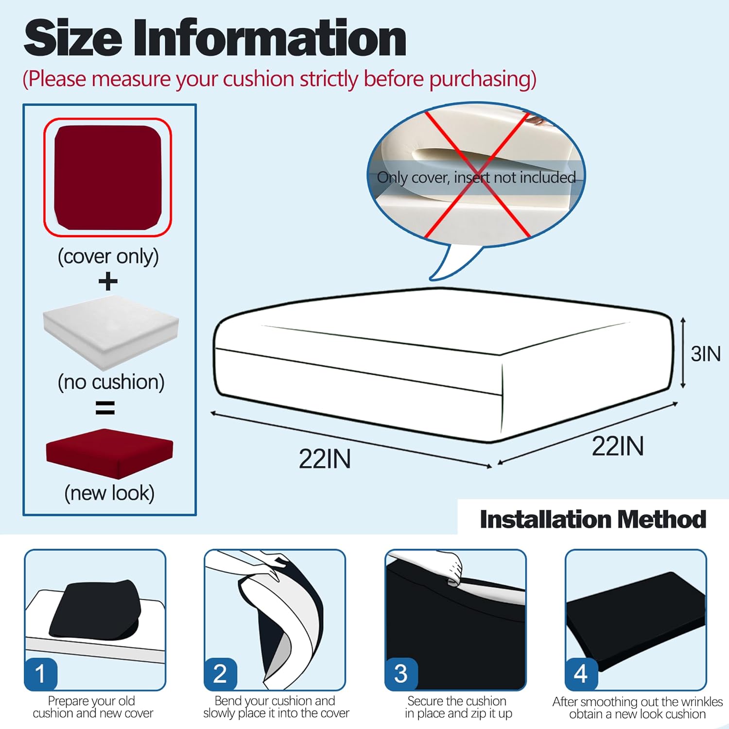 sqodok patio cushion covers, waterproof outdoor cushion covers replacement, patio cushion seat slicovers for sectional sofa, chair, outdoor wicker patio sofa (dark red, 22"x22"x3"-2 pack-cover only) burgundy 22"x22"x3"-2 pack-cover only