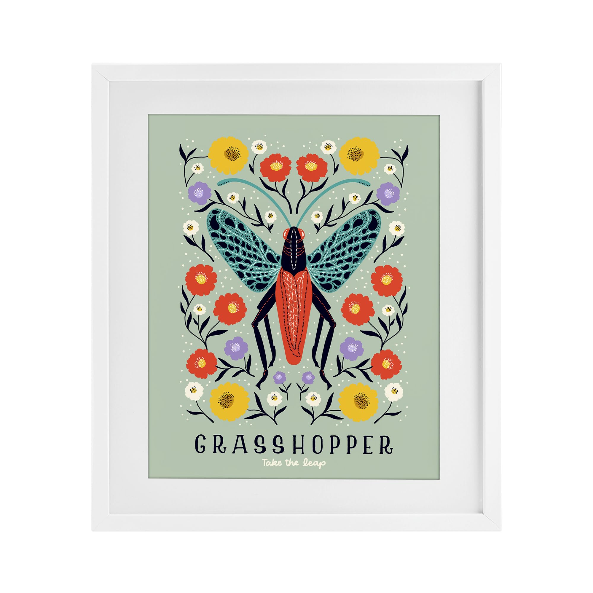 'Symmetrical Grasshopper with Blooms'| Framed Print Under Glass