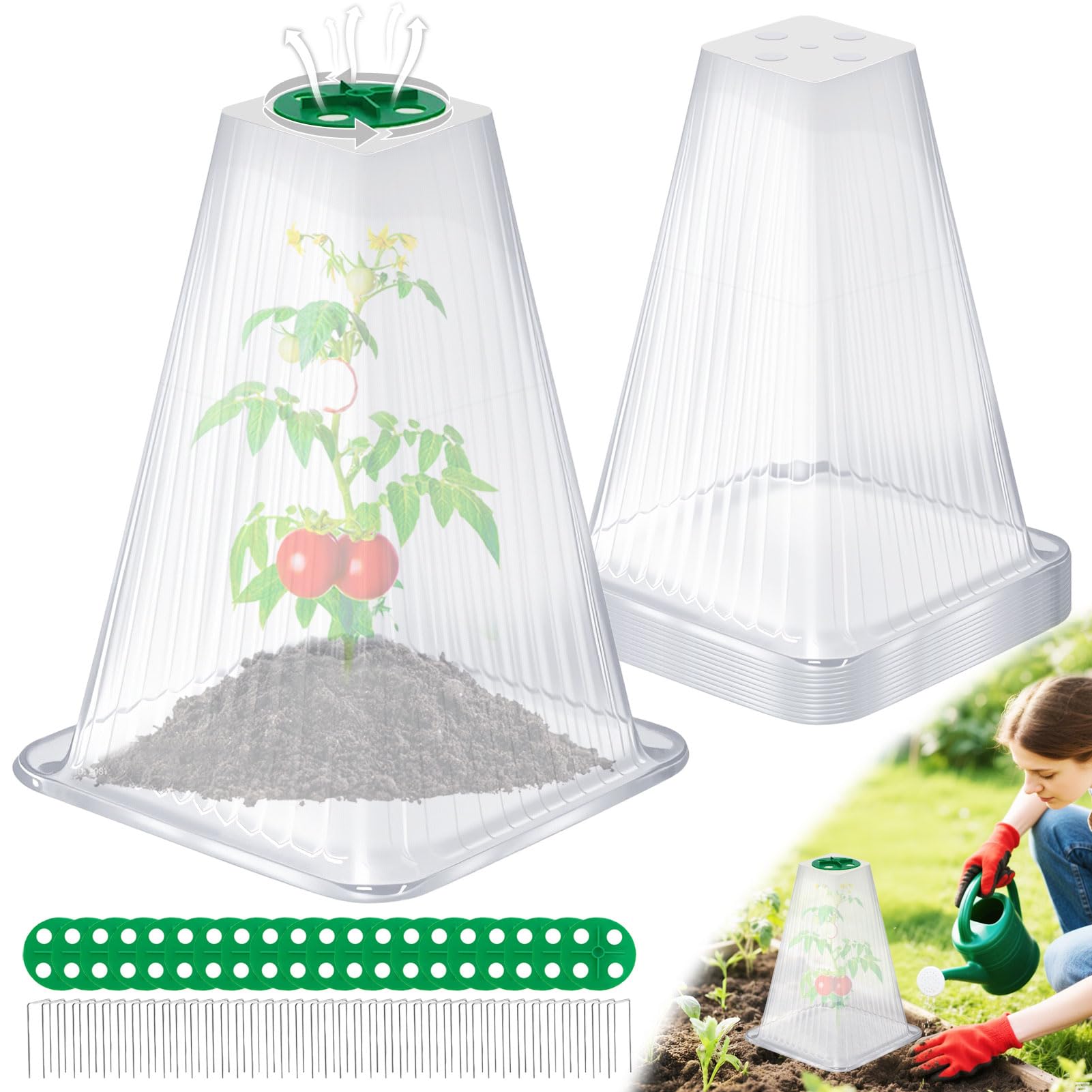 Lot de 20 Cloches de Jardin réutilisables pour Plantes, 23,9 x 19,8 cm (H x P) avec 40 piquets de Sol et Housse d'aération rotative, couvertures de Plantes Protection Contre Le Gel Contre Les Animaux