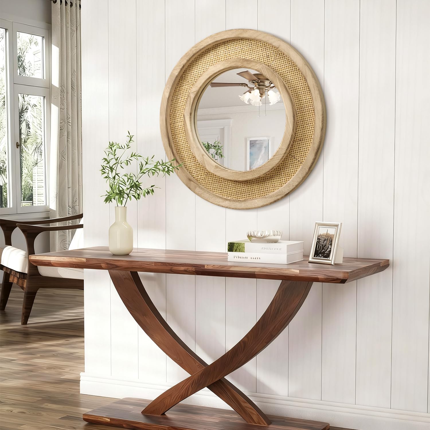 JJUUYOU Marco de Madera, Espejo de Madera, Espejo Redondo para Paredes, Espejo Colgante Circular de 50 cm, Ideal para Salas de Estar, baños, mesas de tocador, entradas y pasillos, marrón