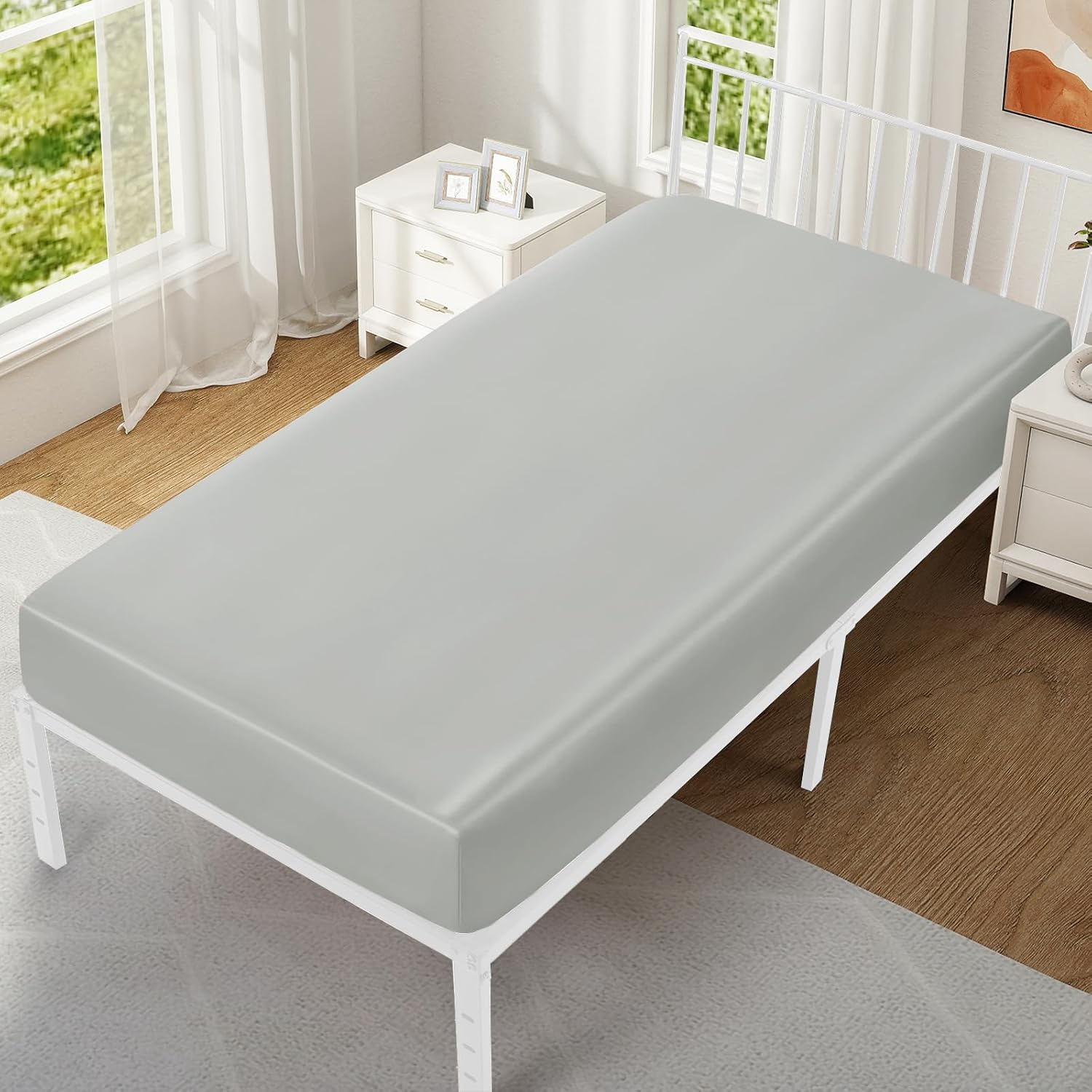 VACVELT Cot Fitted Sheet 31x75 Inch Light Grey - Ultra Soft Satin, Snug Fit for RV Bunk, Camper Bunk, Narrow Twin, Trifold Mattress