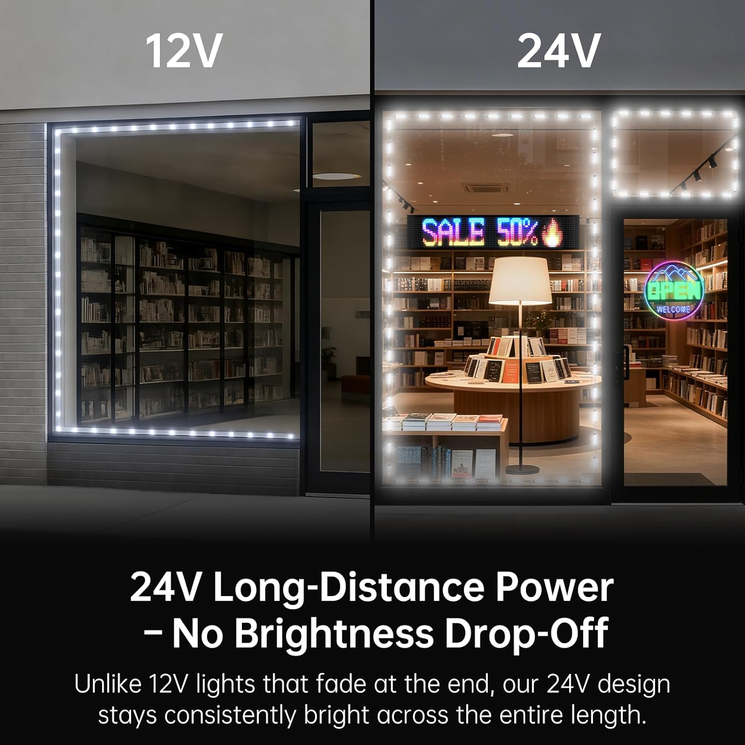 100FT Storefront LED Window Lights, 24V 2835 White Modules – Long Run Stable Brightness, Daytime Visible, Waterproof, Easy Install with 3M Adhesive, Plug & Play Business Sign Lighting