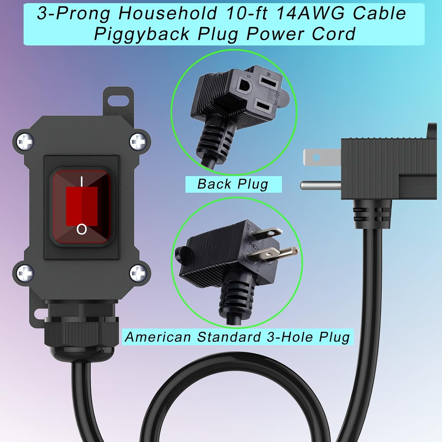 Inline Cord Switch with 14AWG Cable, Outdoor Extension Cord Switch with Piggyback Plug (3-Pronged), IP67 Waterproof Inline Power Switch with Red LED Rocker Button, Heavy Duty AC/DC 20A-125V