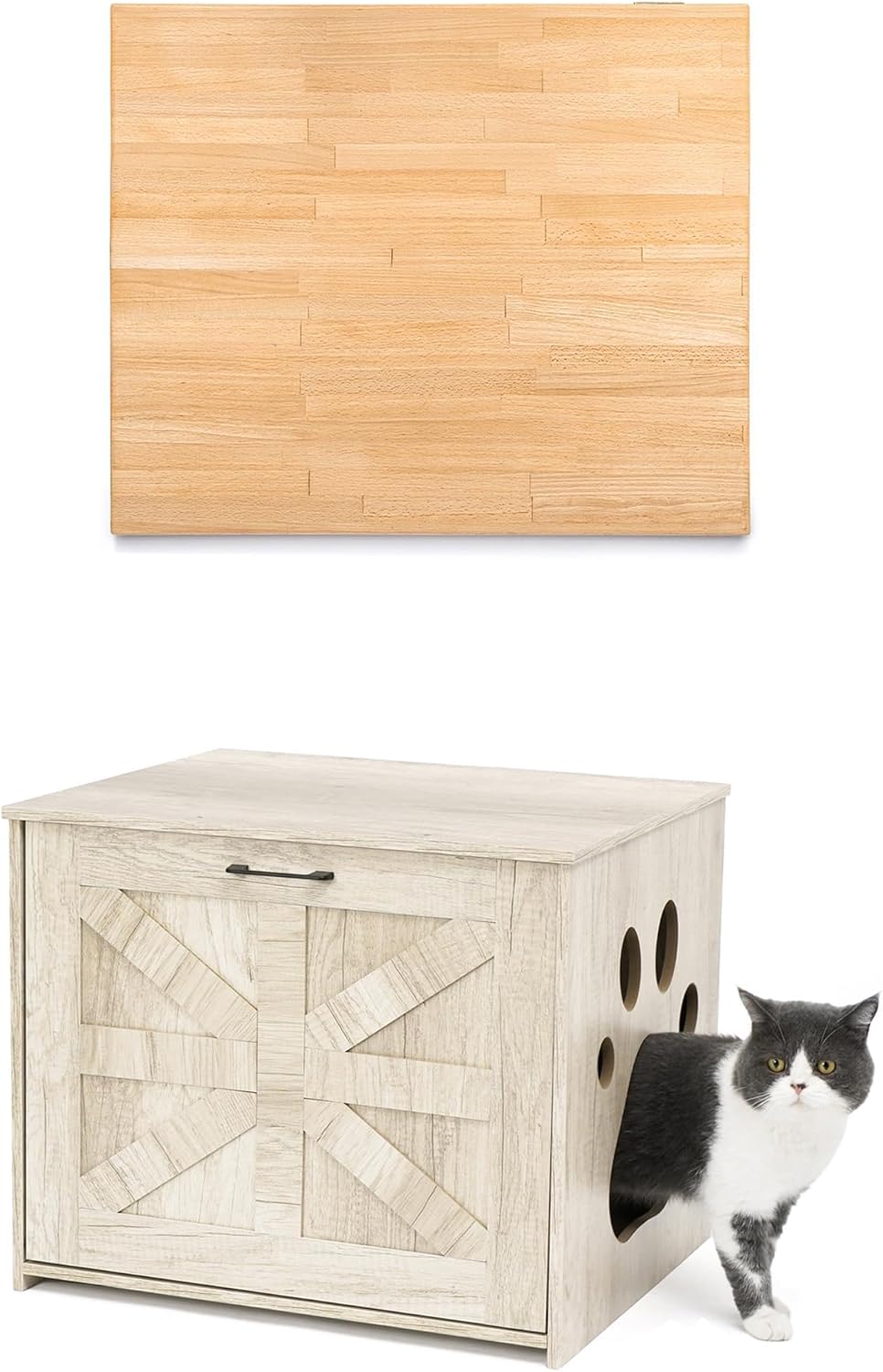 Beech Countertop & Cat Litter Box Enclosure,1.5'' Thick Waterproof Table Top, Used as Cutting Board, Office Desk Tops,Cat Litter Box Cabinet for Convenient Entry, Use As Side Table or Nightstand