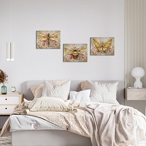 Miniatura 3 de Artmyharbor Lienzo decorativo para pared, diseño de mariposa, abeja, libélula y libélula, imágenes de insectos, hermosas ilustraciones giclée, 3