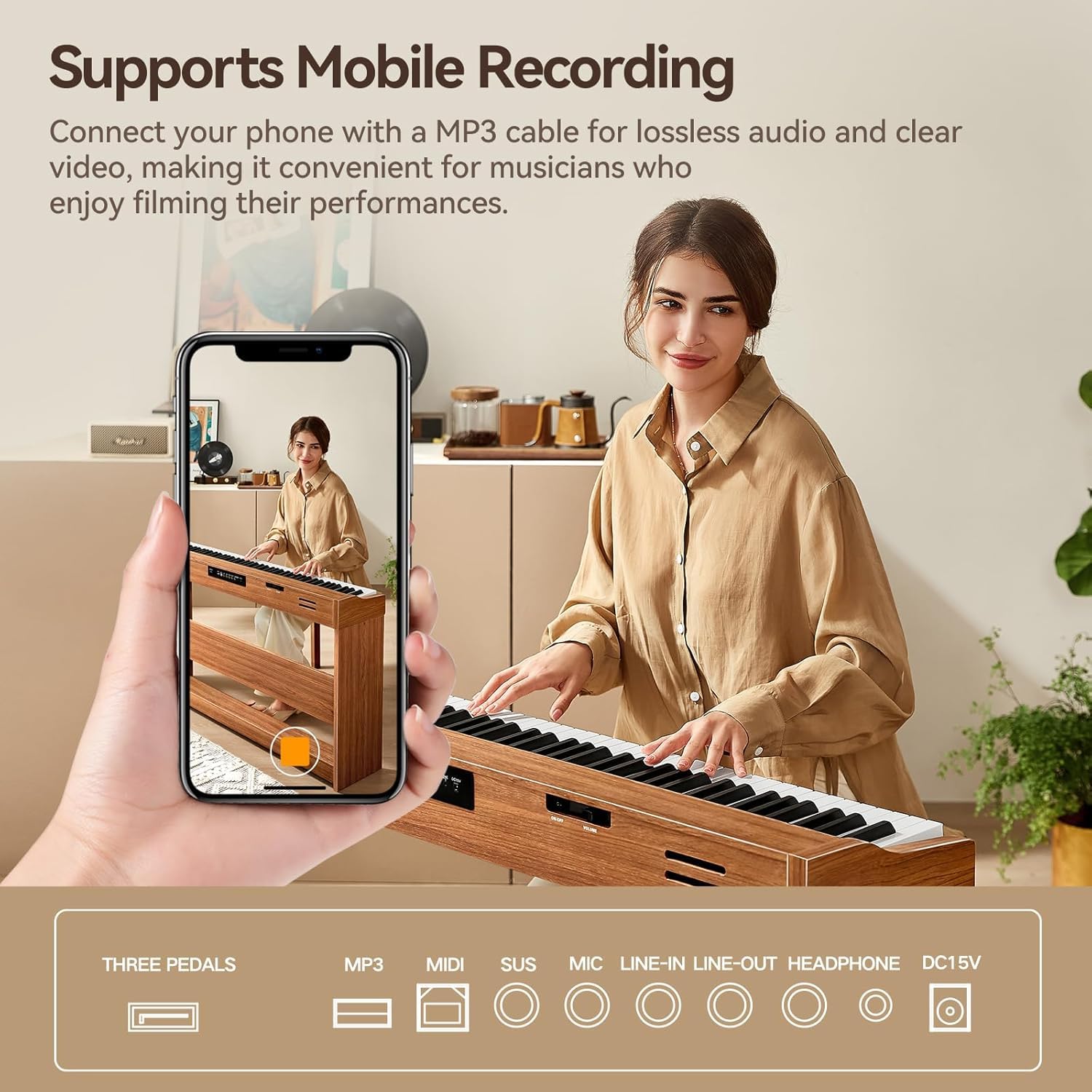 E Piano 88 Tasten Hammermechanik : TERENCE Keyboard Piano 88 Tasten mit Ständer Klavier mit 20W Lautsprecher Dreifachpedal Unterstützung Videoaufnahmen MIDI Bluetooth Kopfhöreranschluss Eichenfarbe