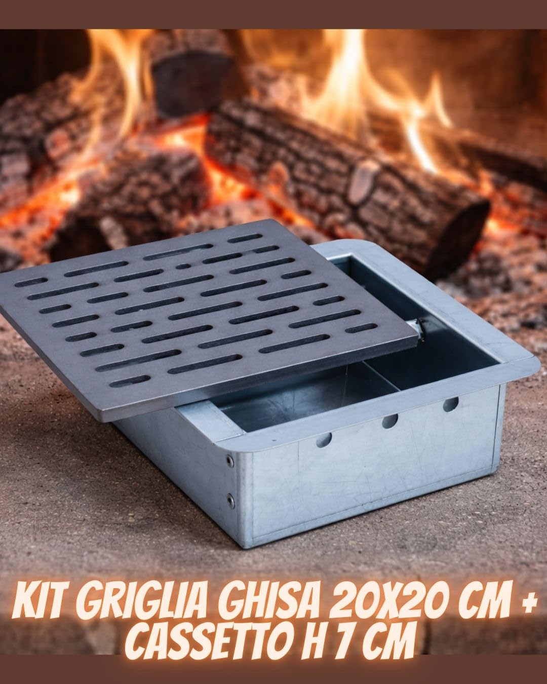 Fonderia Bongiovanni | Griglia in Ghisa | Griglia per Camino | Stufa Pellet | Barbecue Fondello per Cenere | 20x20 cm Mod.M | con Cassetto Raccolta Cenere | Altezza 7 Cm | Accessori Camino