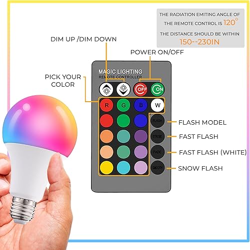Miniatura 2 de Droiee Bombilla LED cálida E26 regulable, 6 W RGBW color 500LM con 16 modos de cambio de color para Navidad, fiesta, etc. con control remoto,