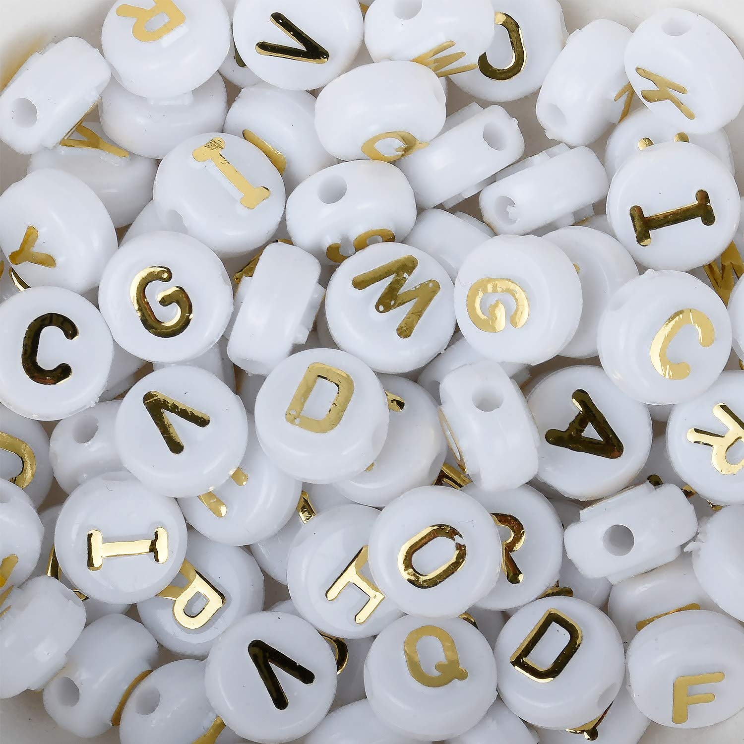 Alphabet Letter Beads, white beads with gold letter Beads, Round Acrylic Beads, Plastic Name Beads, Size 10mm, 100pcs/lot