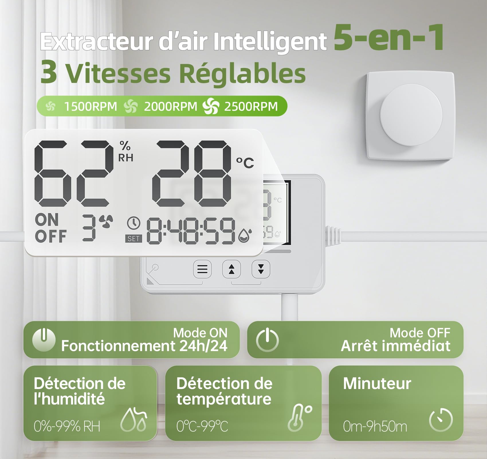 Ventilateur Extracteur d’air 100mm 5 Modes, 3 Vitesses, Télécommande, Affichage Température Humidité en Temps Réel, VMC Salle de Bain Hygroréglable, Silencieux et Puissant Aérateur dAir QU119