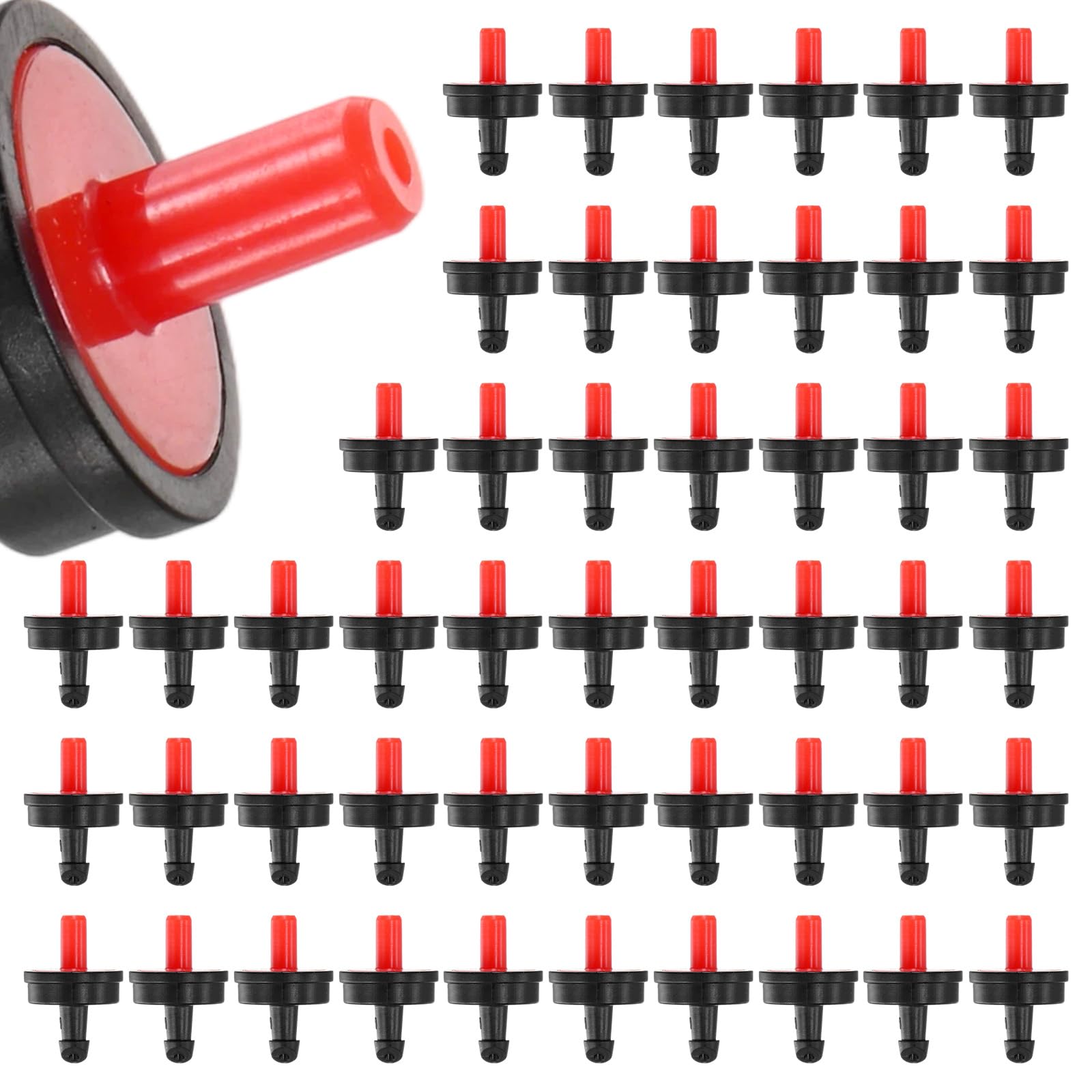 M METERXITY 50-Pack 2.6GPH Pressure Compensating Drippers, Drip Irrigation Emitters for Garden Lawn/Pots Plant Irrigation Systems, Drip Sprinkler Heads [Red+Black]