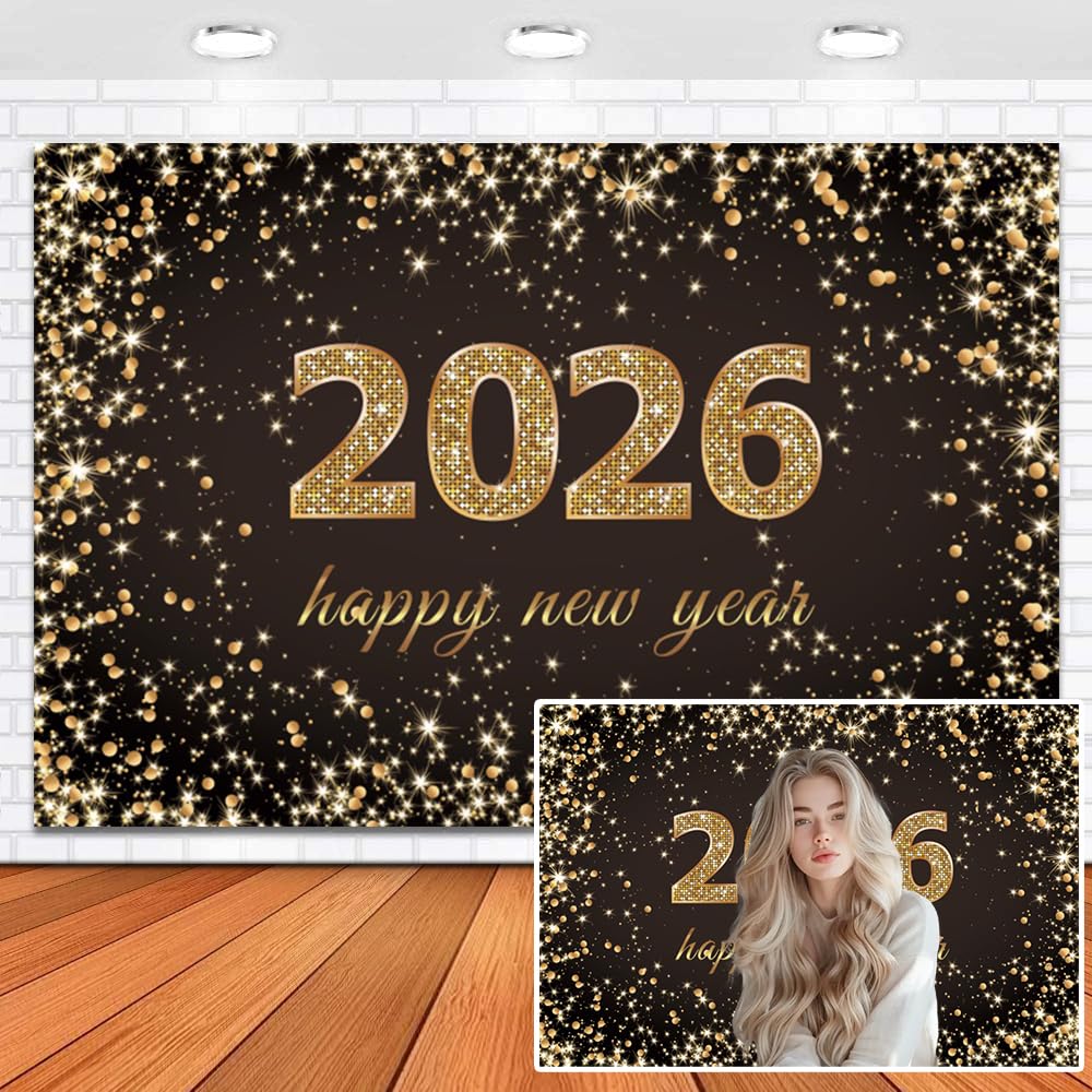 Leowefowa Happy New Year 2026 Backdrop 5x3ft Luxurious Golden 2026 Numbers Spots Black Background for Photo New Year's Eve Celebration Party Banner