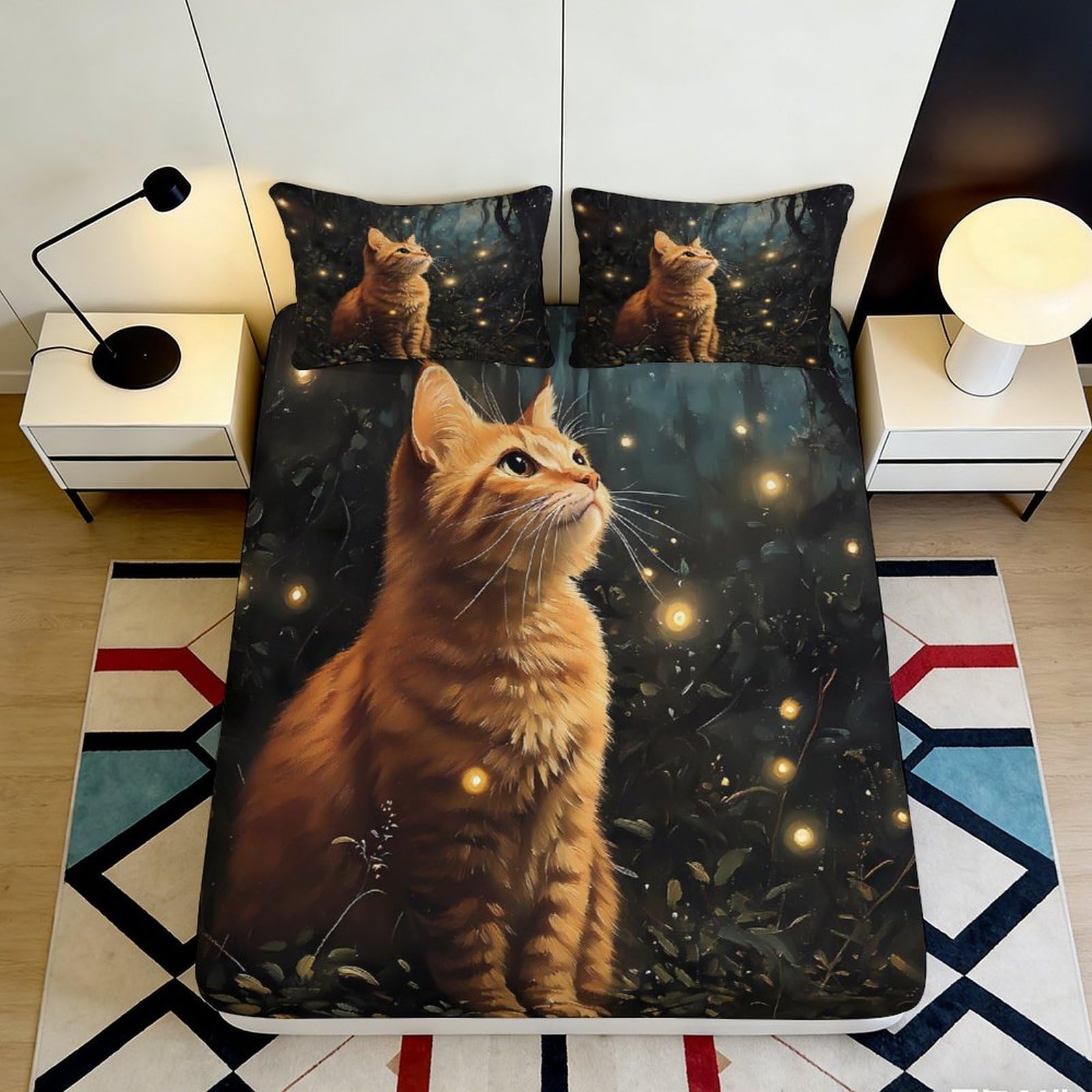 3D Printed Cat Theme Fitted Sheet Microfiber Deep Pocket Non-Slip Bedroom Bedding Cat Mattress Fitted Cover Washable 200x200x25cm